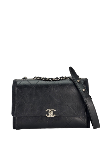 CHANEL - Black Calfskin Crumpled Calfskin Flap Bag 