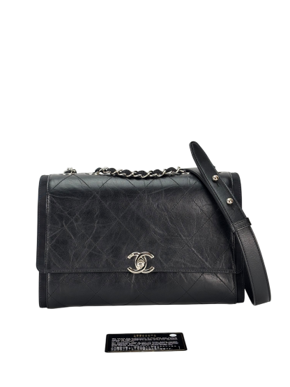CHANEL - Black Calfskin Crumpled Calfskin Flap Bag 