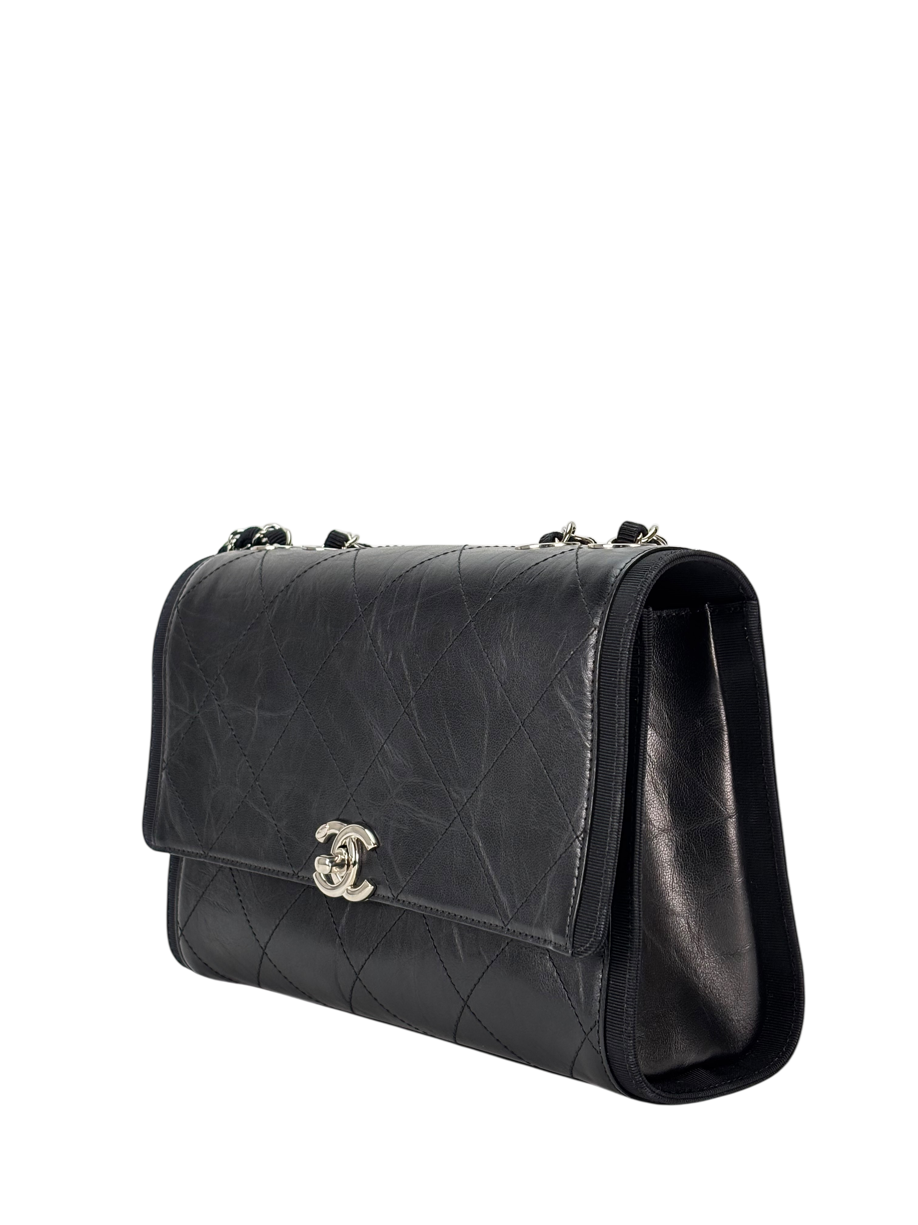 CHANEL - Black Calfskin Crumpled Calfskin Flap Bag 