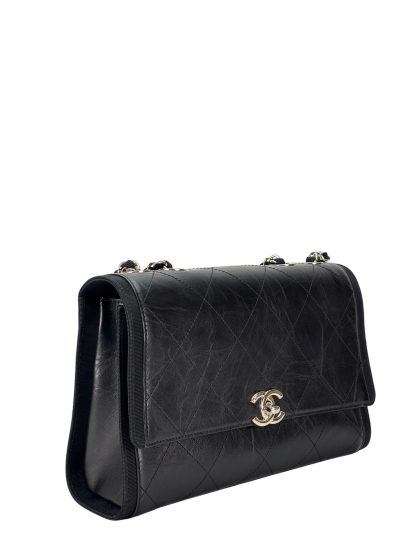 CHANEL - Black Calfskin Crumpled Calfskin Flap Bag 