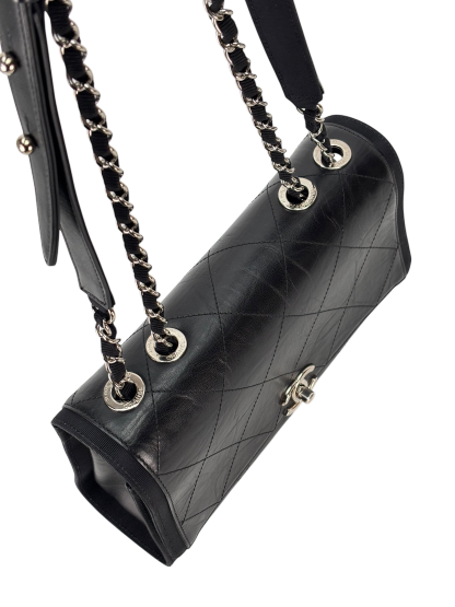 CHANEL - Black Calfskin Crumpled Calfskin Flap Bag 