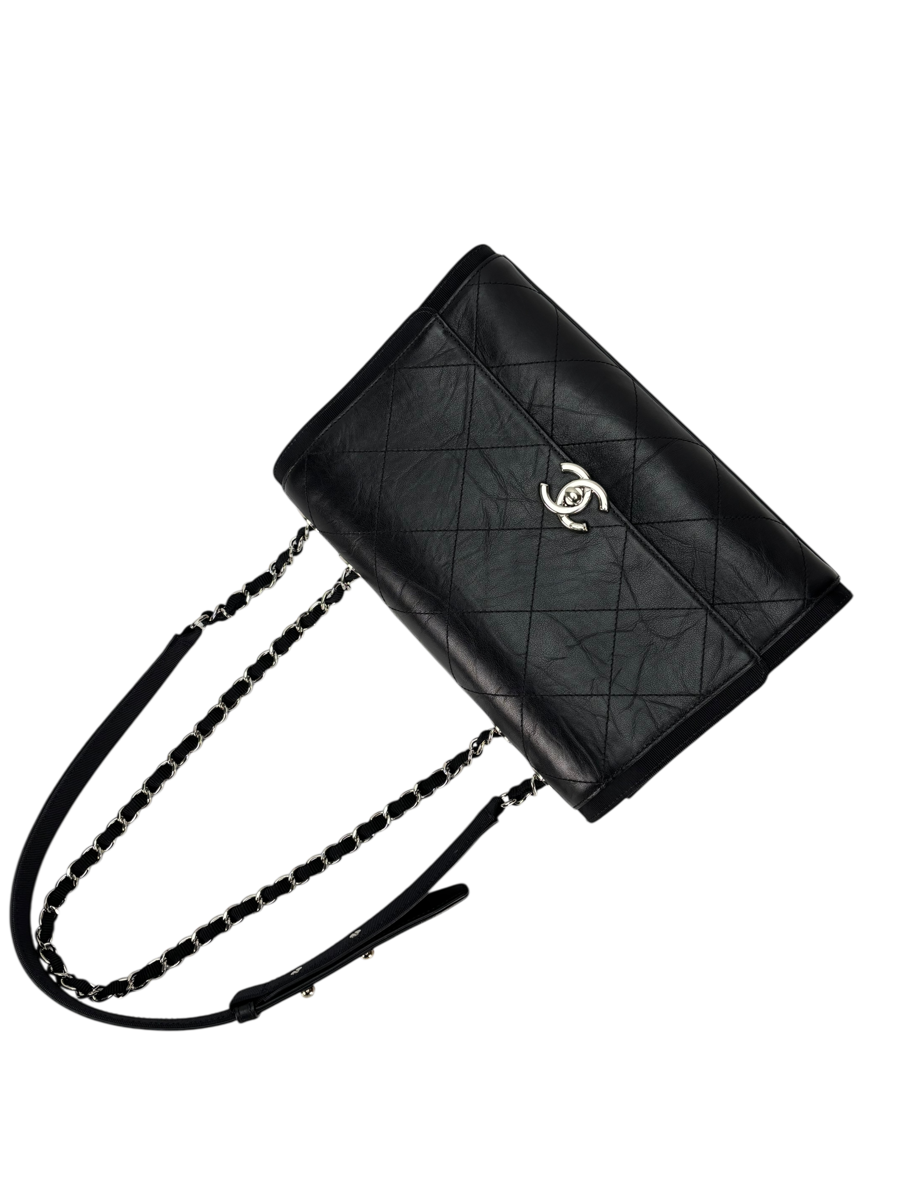CHANEL - Black Calfskin Crumpled Calfskin Flap Bag