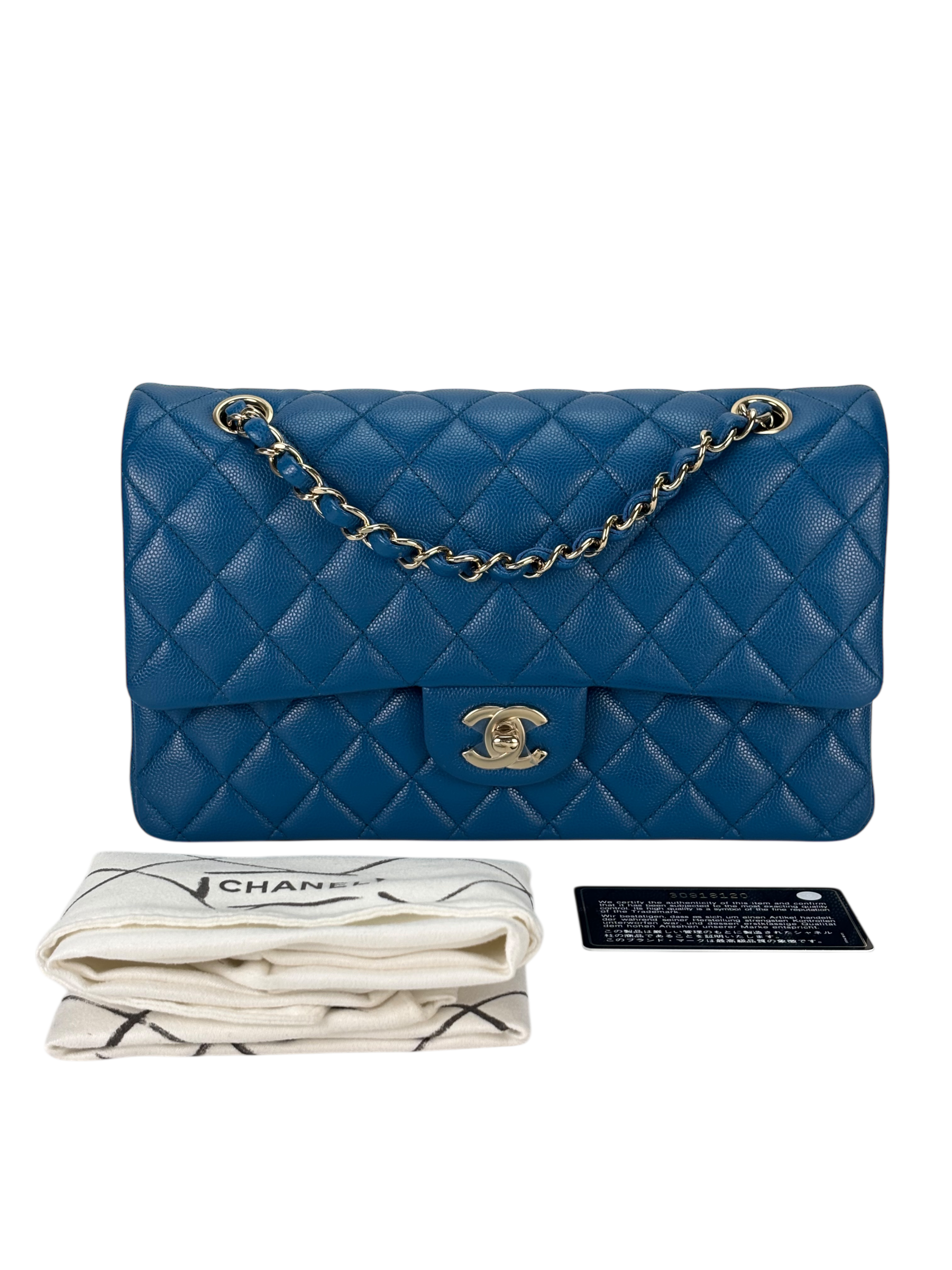CHANEL - Medium Classic Double Flap Bag Blue Caviar Gold Hardware (CF25)