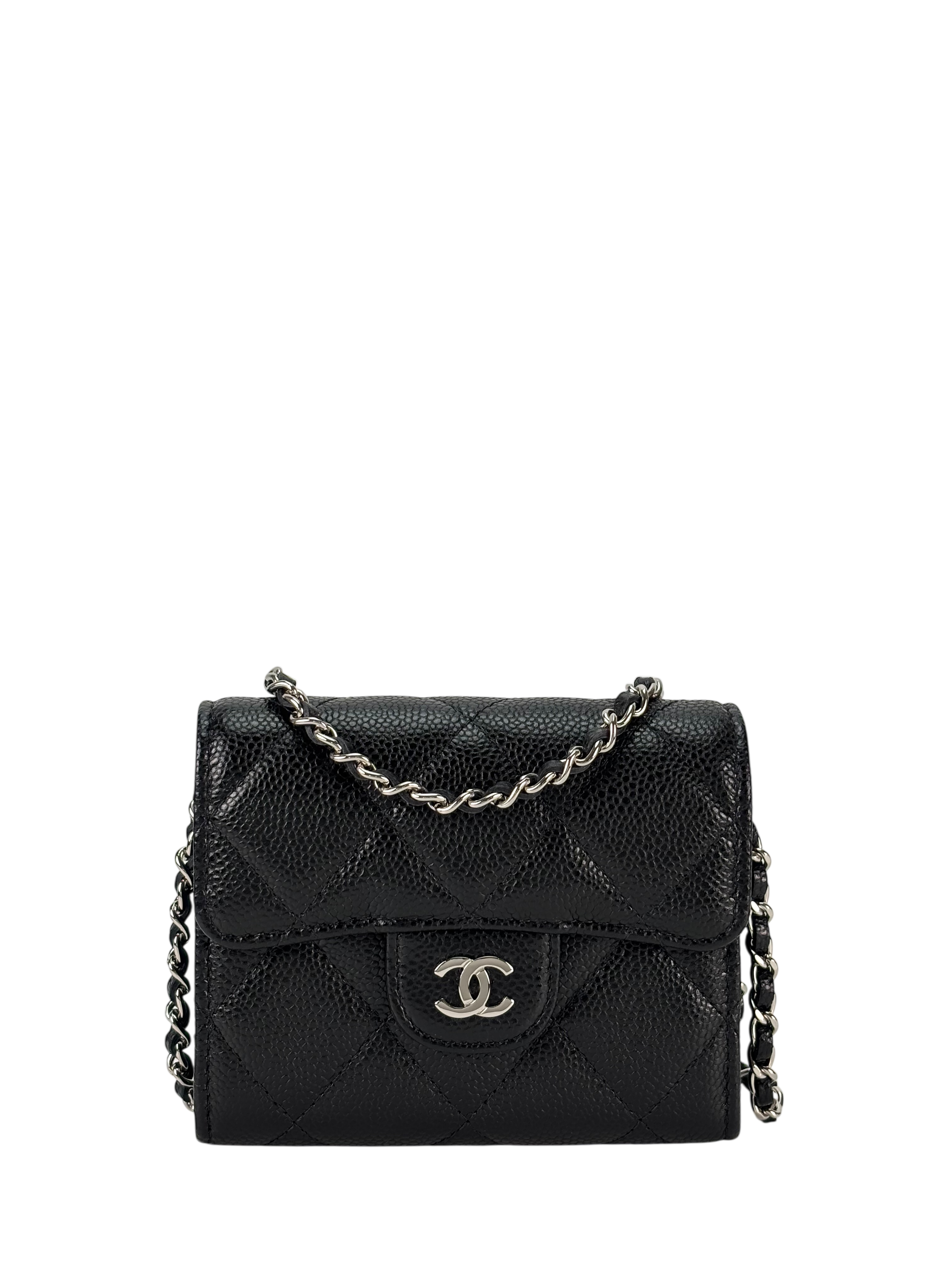 CHANEL - Black Caviar Mini Matelasse Skin Chain Shoulder Bag Silver Hardware