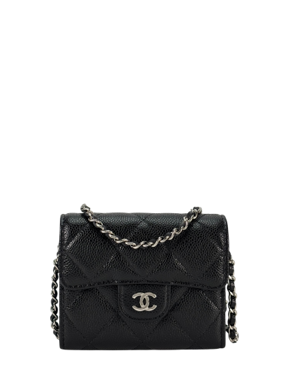 CHANEL - Black Caviar Mini Matelasse Skin Chain Shoulder Bag Silver Hardware