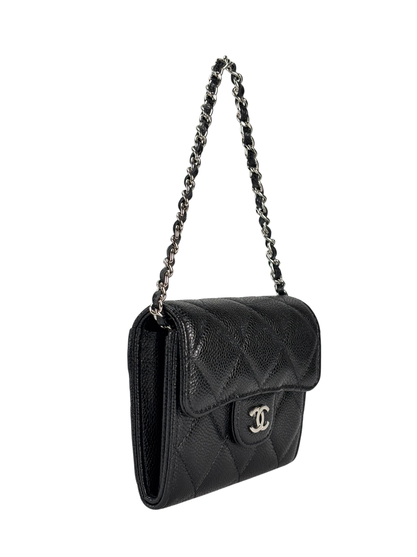 CHANEL - Black Caviar Mini Matelasse Skin Chain Shoulder Bag Silver Hardware