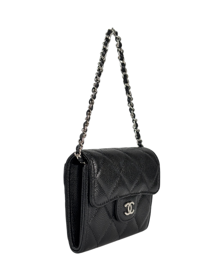 CHANEL - Black Caviar Mini Matelasse Skin Chain Shoulder Bag Silver Hardware