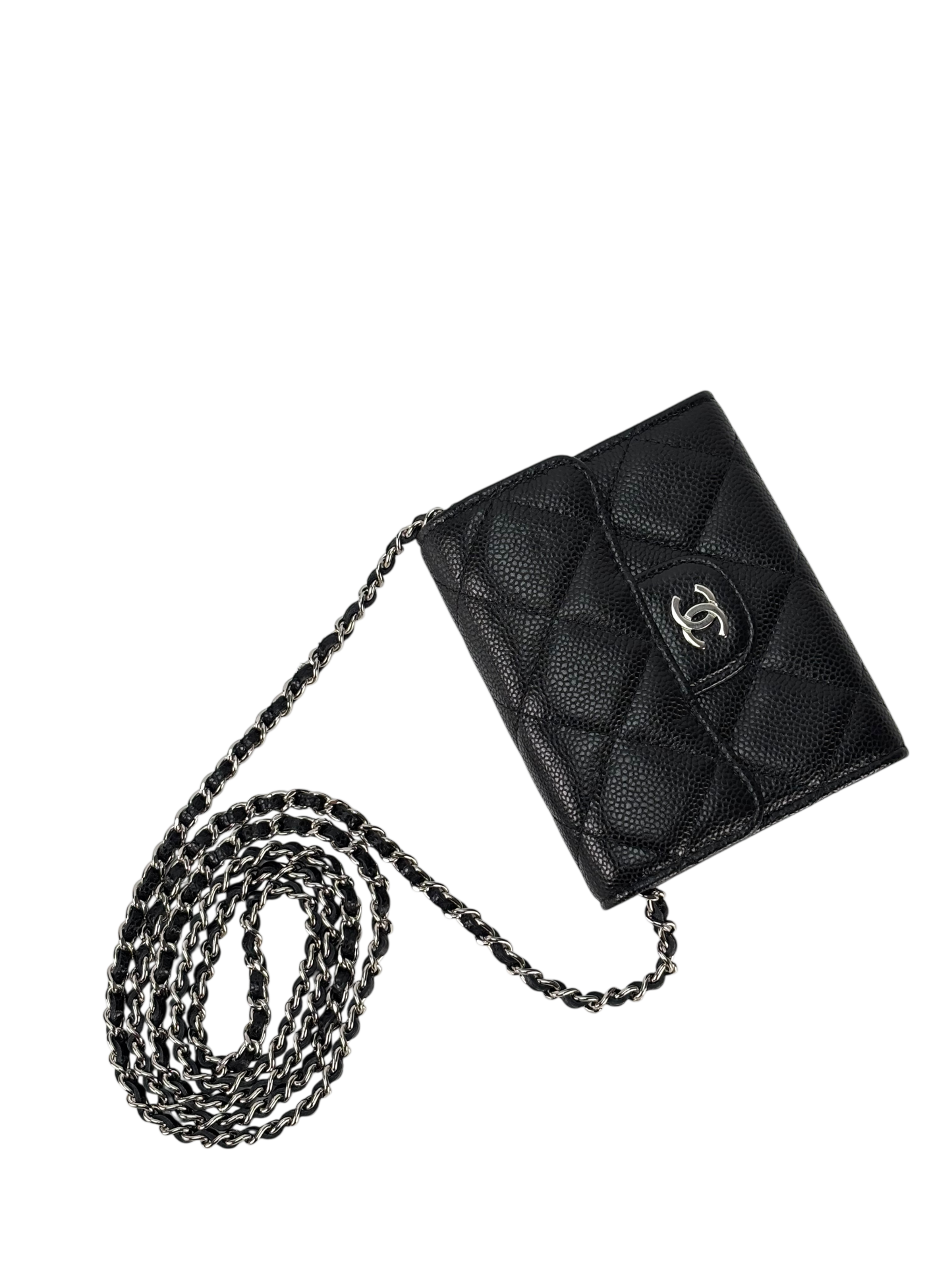 CHANEL - Black Caviar Mini Matelasse Skin Chain Shoulder Bag Silver Hardware