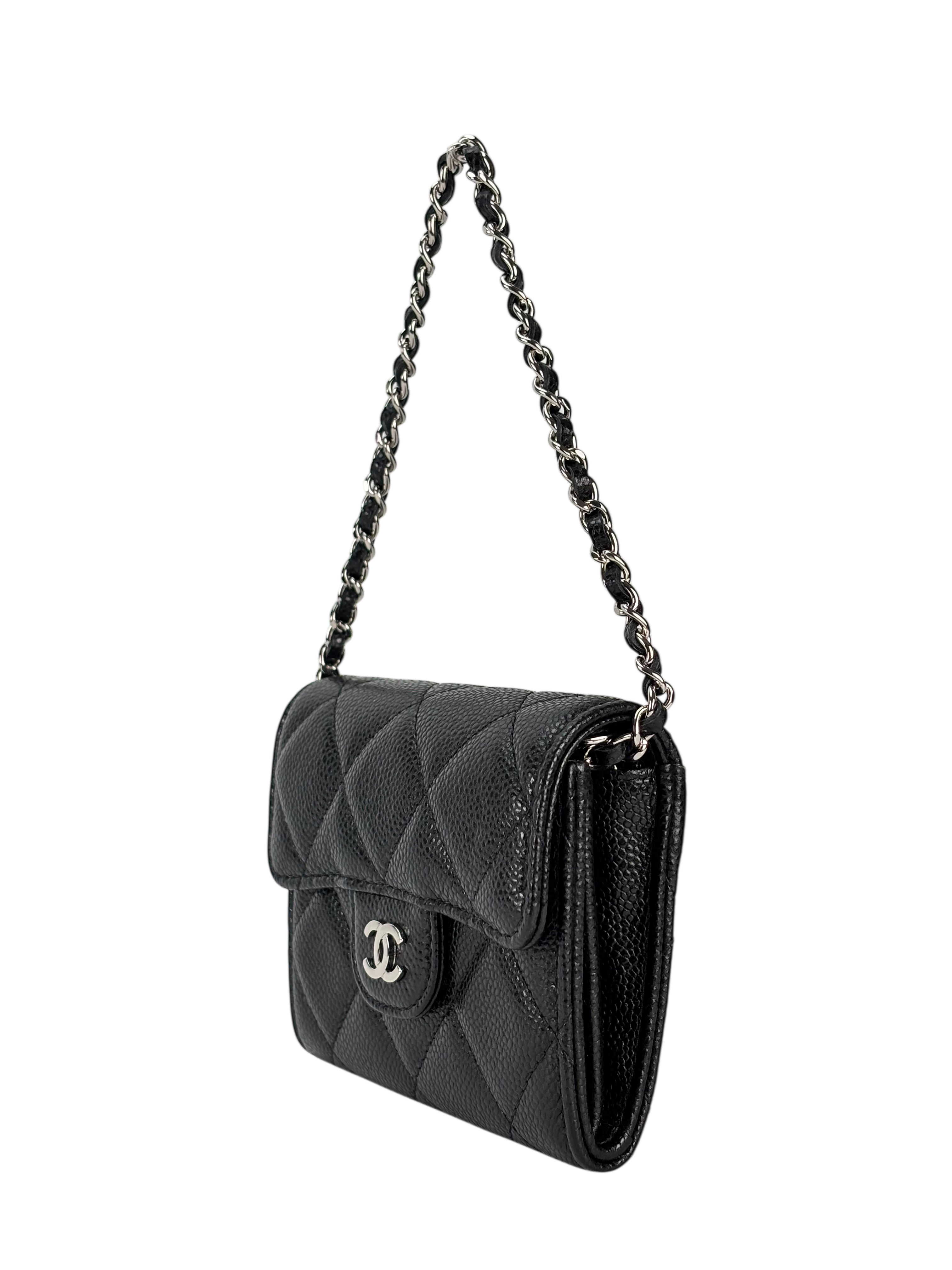 CHANEL - Black Caviar Mini Matelasse Skin Chain Shoulder Bag Silver Hardware