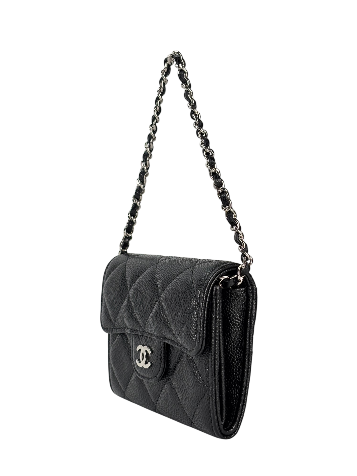 CHANEL - Black Caviar Mini Matelasse Skin Chain Shoulder Bag Silver Hardware