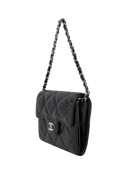 CHANEL - Black Caviar Mini Matelasse Skin Chain Shoulder Bag Silver Hardware