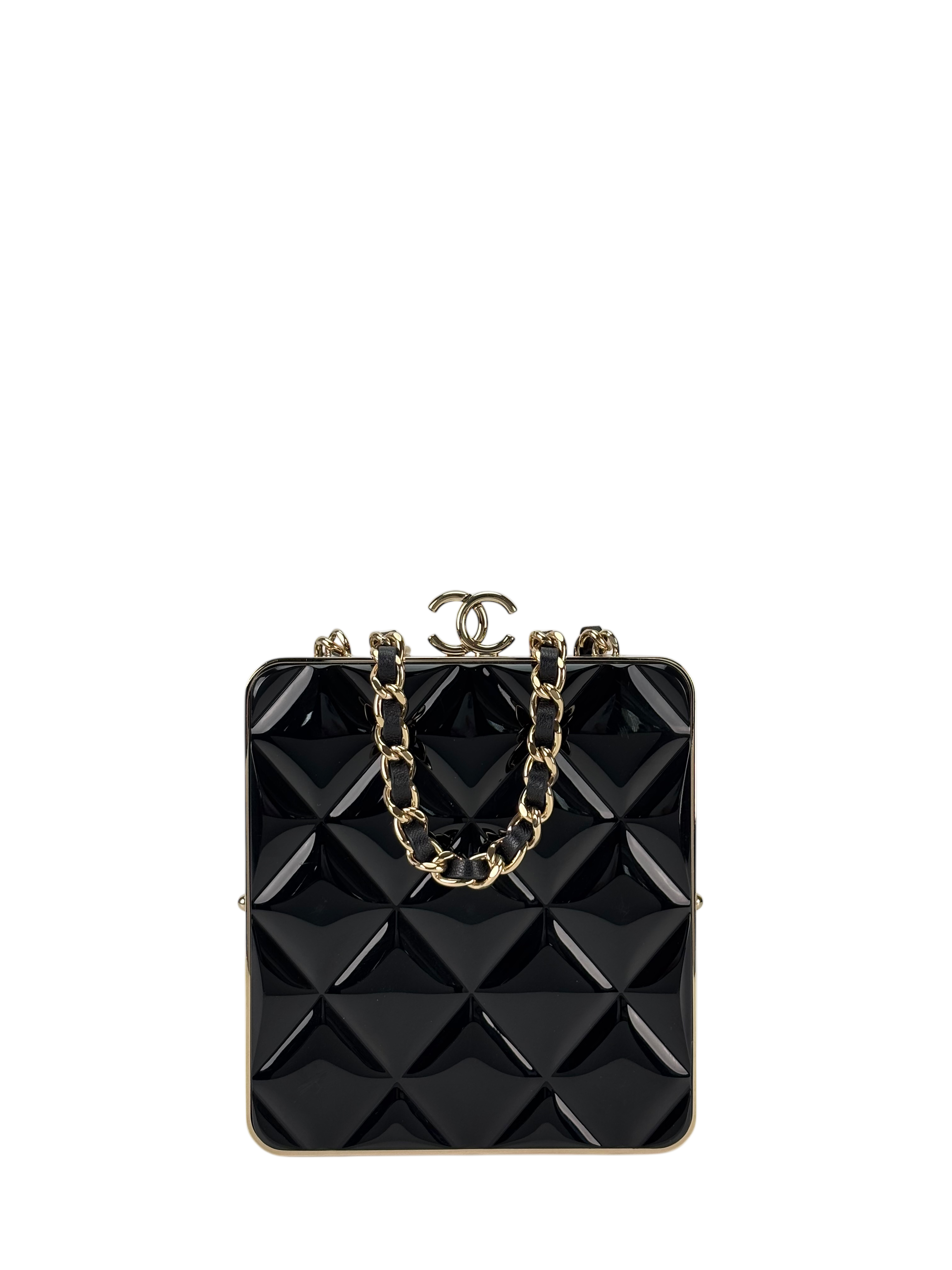 CHANEL - Black Lambskin Acrylic  Matelasse Purse Chain Bag Gold Hardware