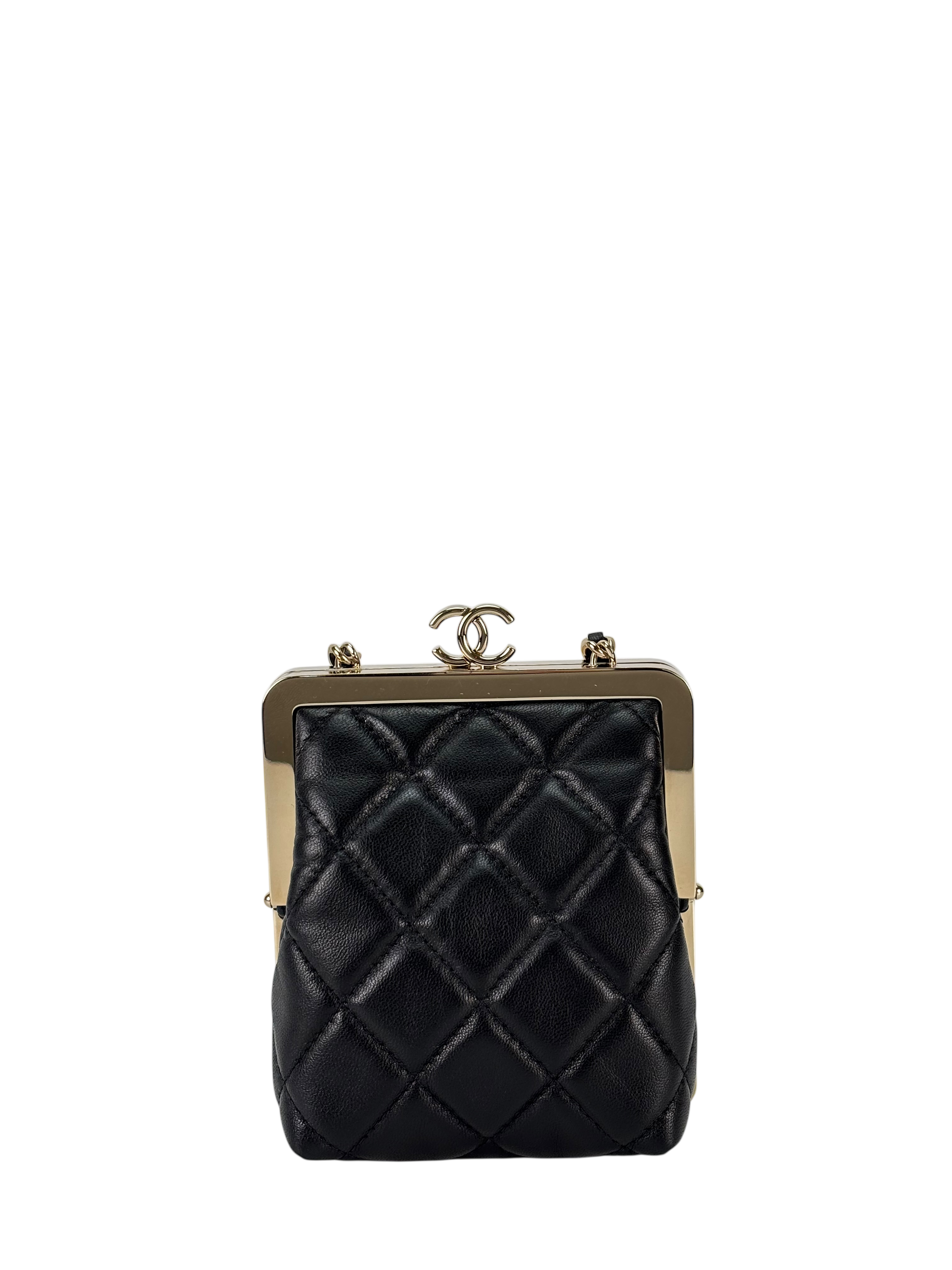 CHANEL - Black Lambskin Acrylic  Matelasse Purse Chain Bag Gold Hardware