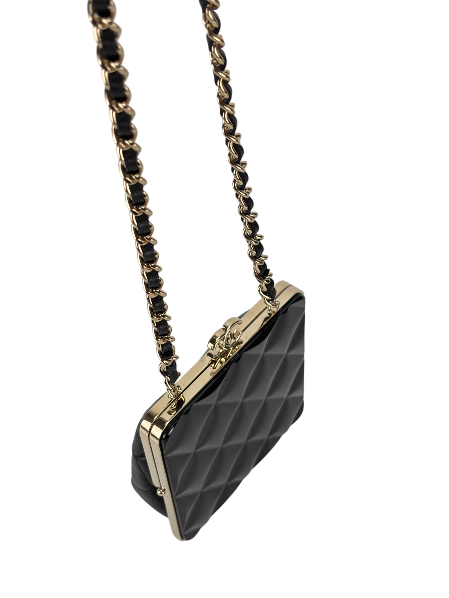 CHANEL - Black Lambskin Acrylic Matelasse Purse Chain Bag Gold Hardware