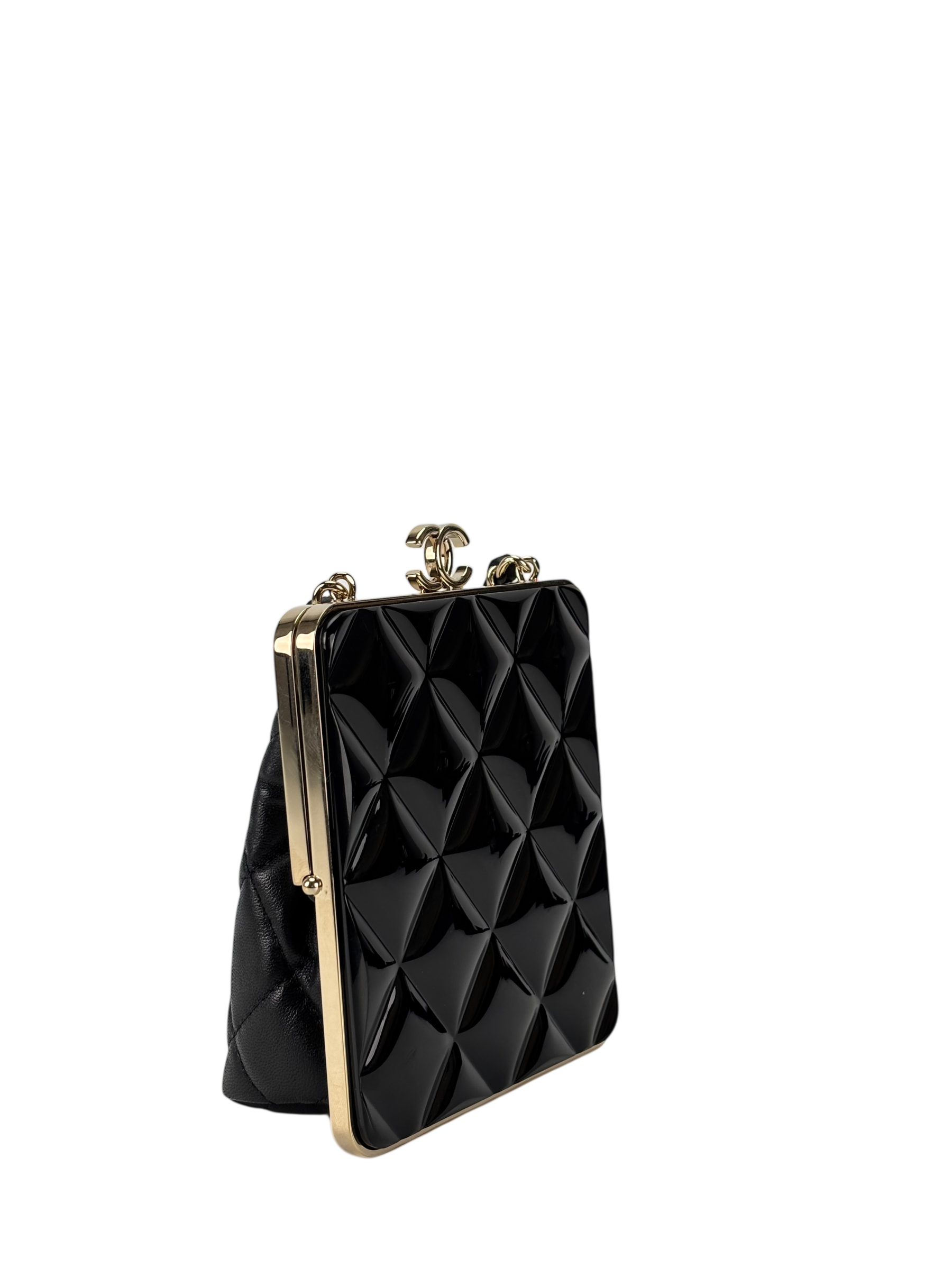 CHANEL - Black Lambskin Acrylic Matelasse Purse Chain Bag Gold Hardware