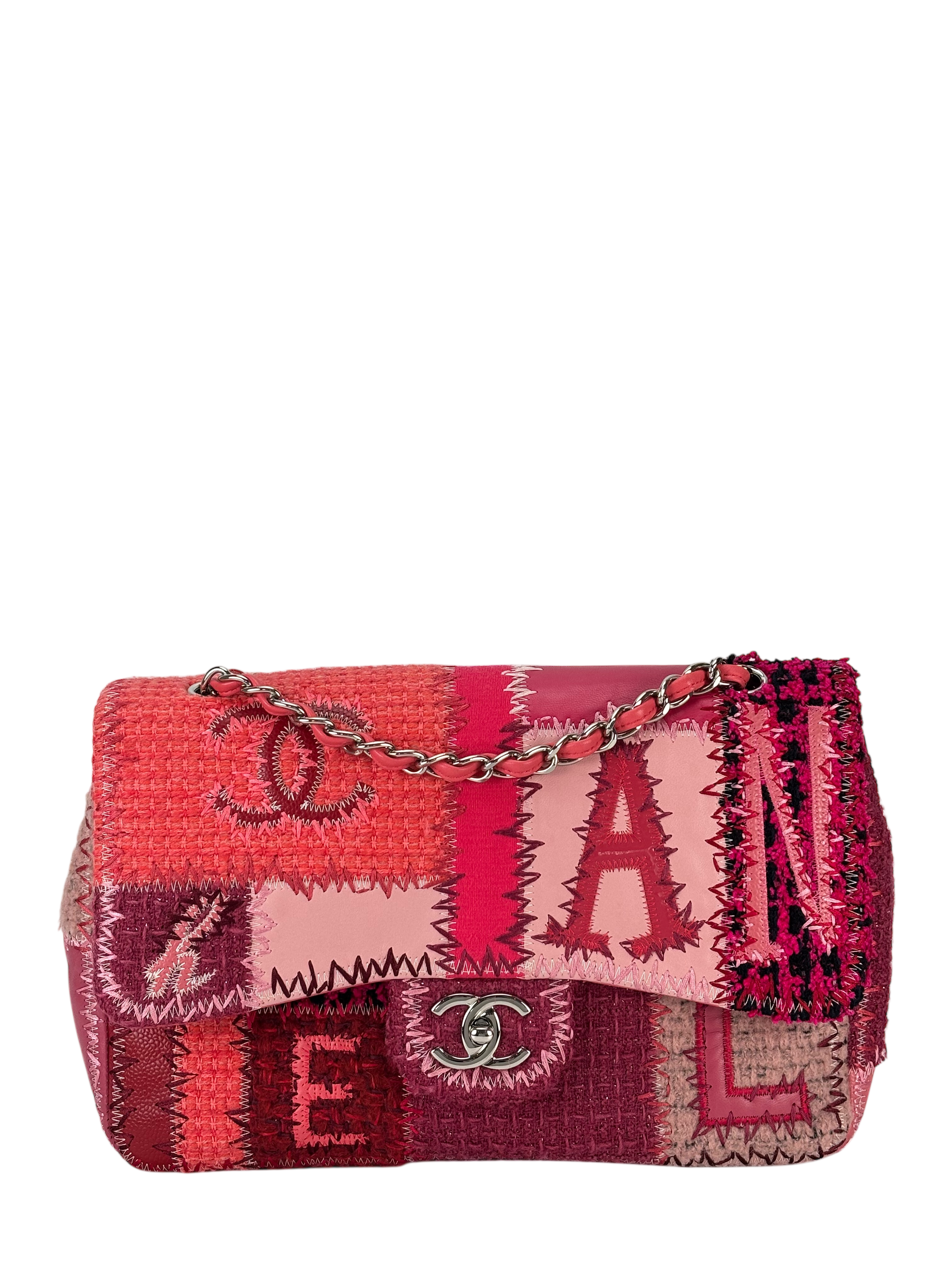 CHANEL - Pink Leather Canvas Tweed Patchwork Double Chain Shoulder Bag 