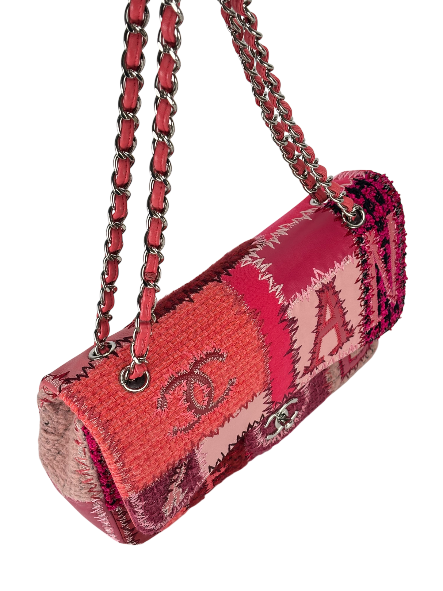 CHANEL - Pink Leather Canvas Tweed Patchwork Double Chain Shoulder Bag
