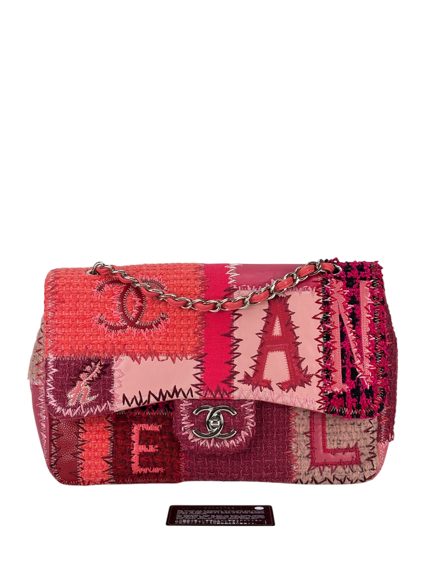 CHANEL - Pink Leather Canvas Tweed Patchwork Double Chain Shoulder Bag