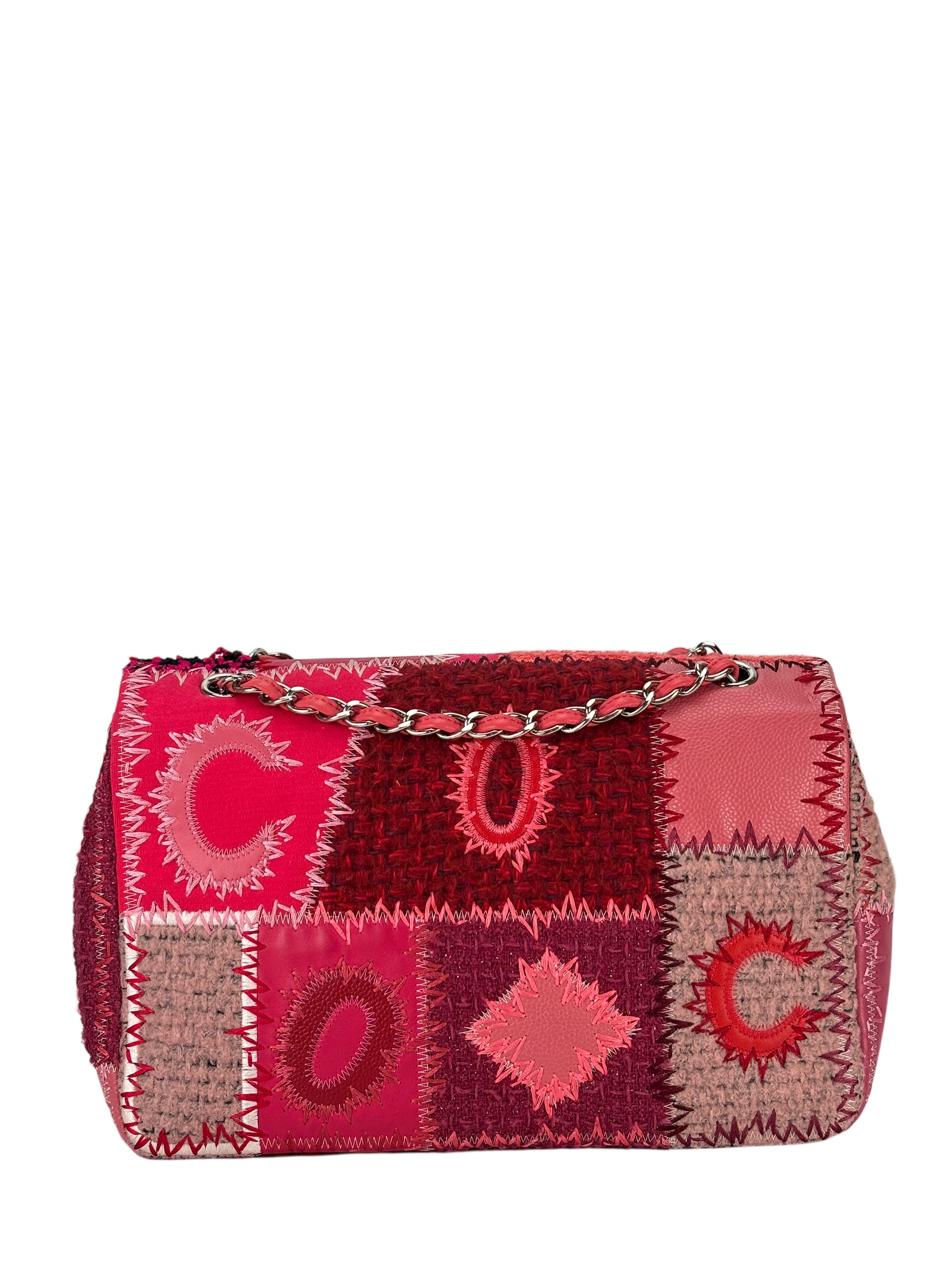 CHANEL - Pink Leather Canvas Tweed Patchwork Double Chain Shoulder Bag 