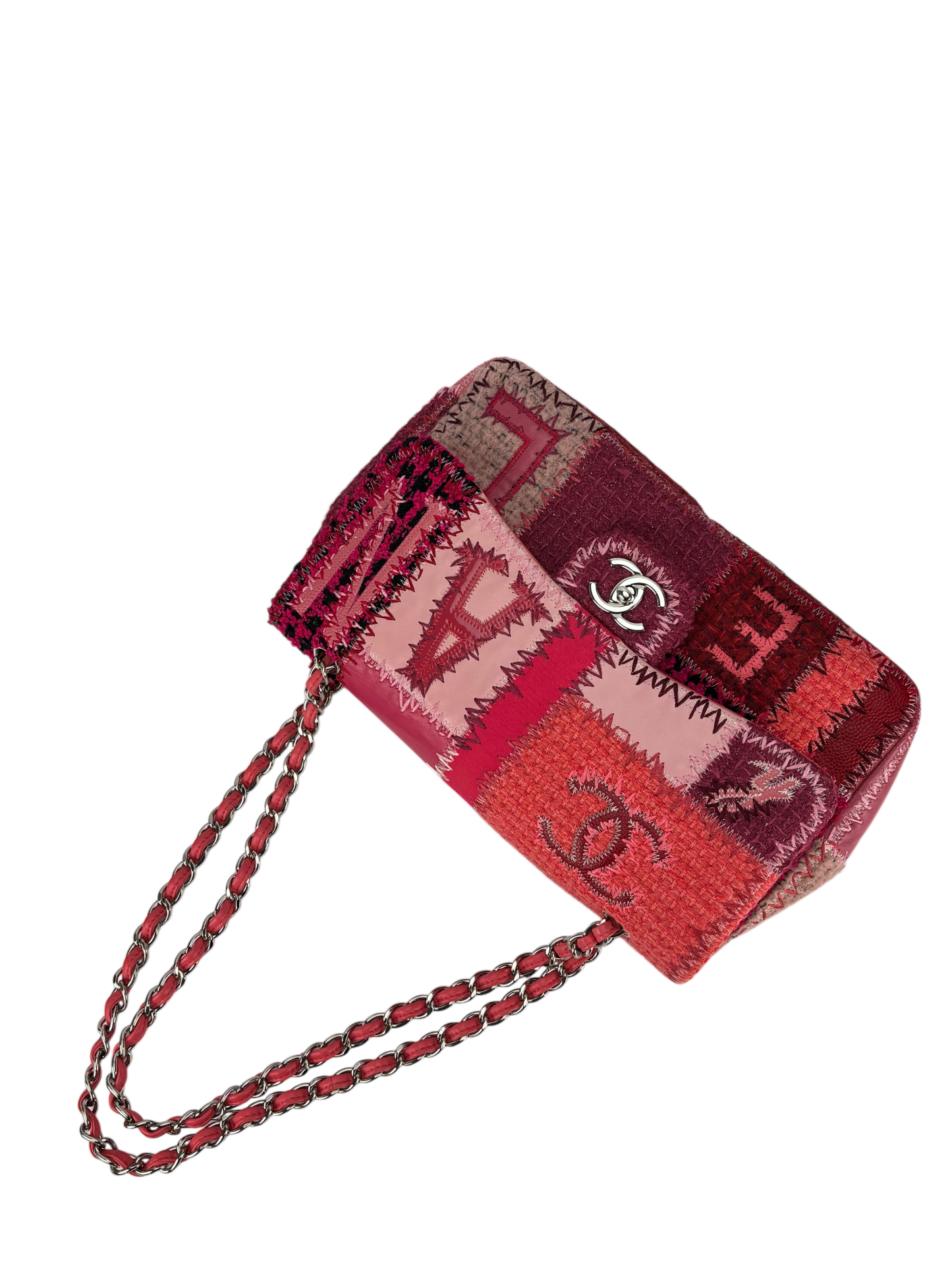 CHANEL - Pink Leather Canvas Tweed Patchwork Double Chain Shoulder Bag