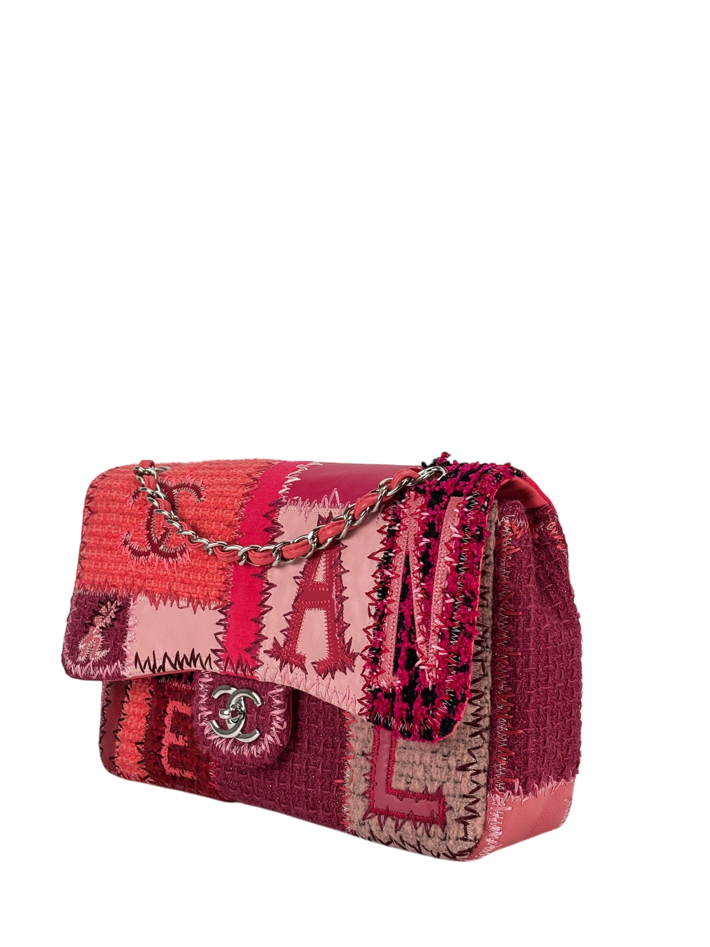 CHANEL - Pink Leather Canvas Tweed Patchwork Double Chain Shoulder Bag