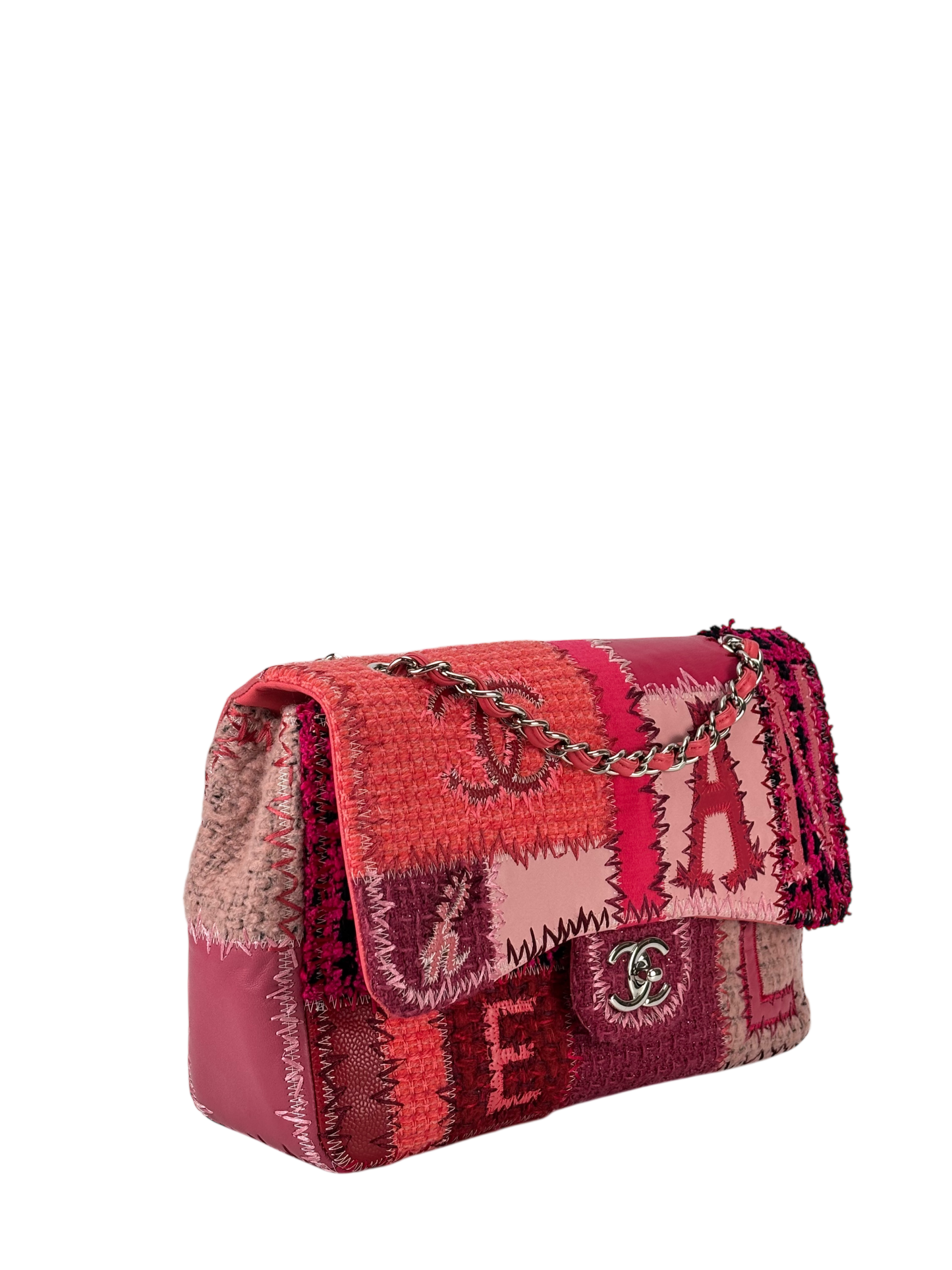 CHANEL - Pink Leather Canvas Tweed Patchwork Double Chain Shoulder Bag