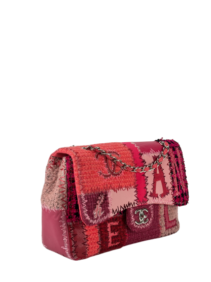 CHANEL - Pink Leather Canvas Tweed Patchwork Double Chain Shoulder Bag 