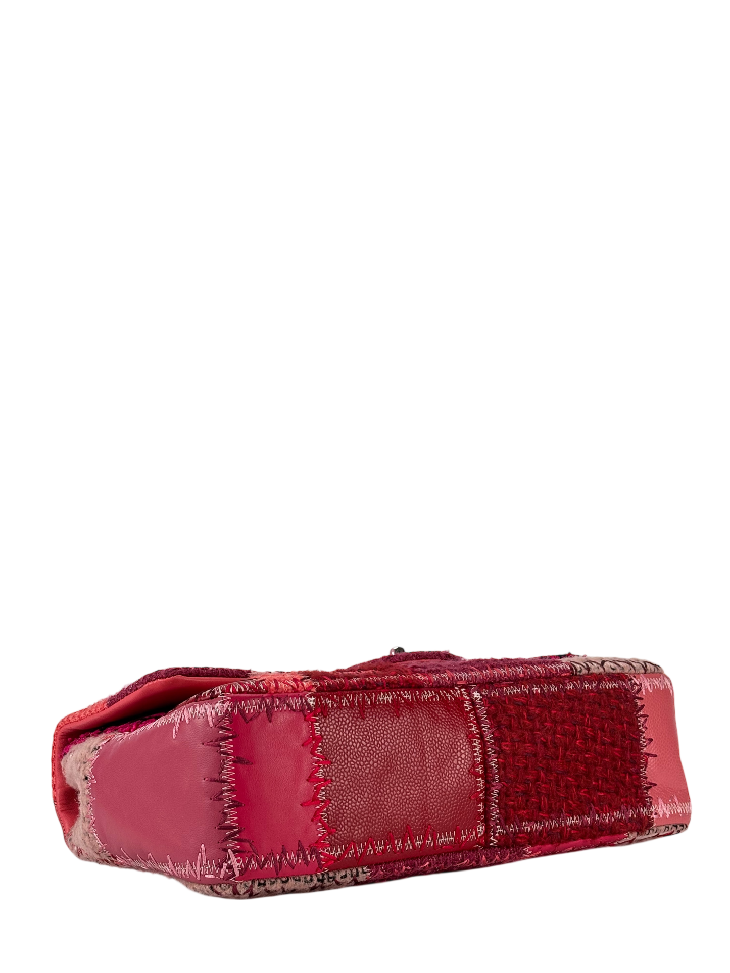 CHANEL - Pink Leather Canvas Tweed Patchwork Double Chain Shoulder Bag