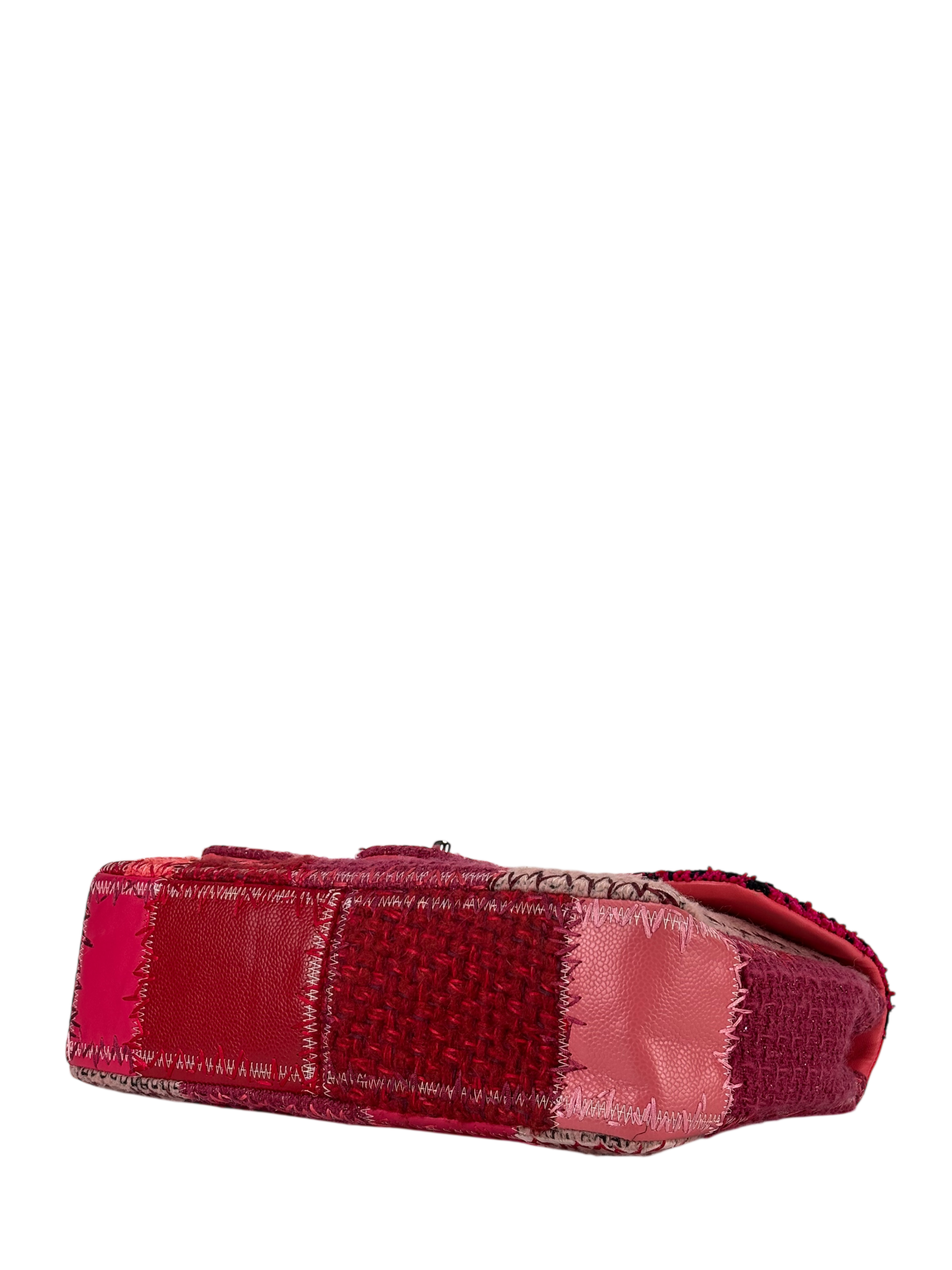 CHANEL - Pink Leather Canvas Tweed Patchwork Double Chain Shoulder Bag