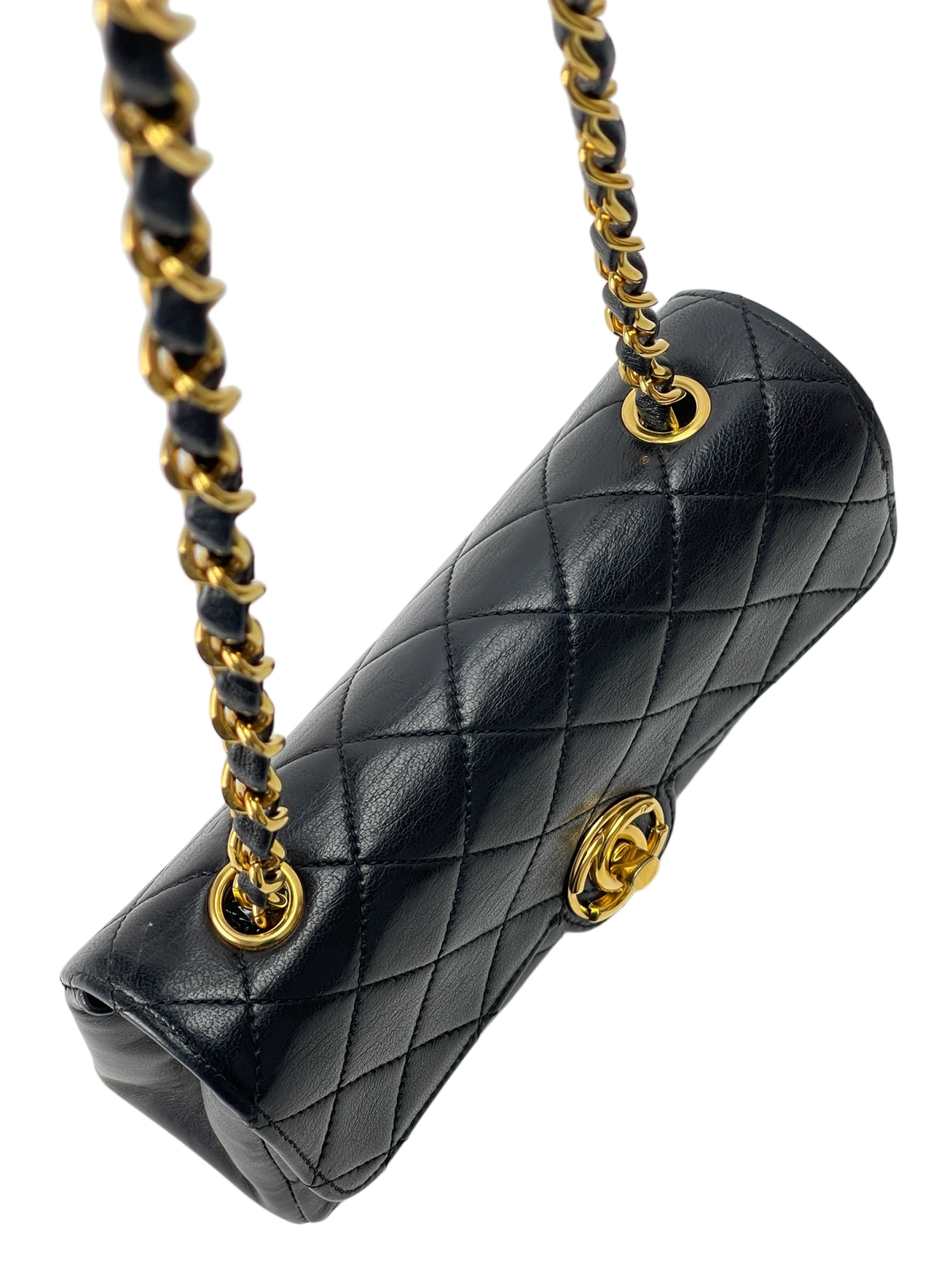 CHANEL - Black Lambskin Matelasse Chain Gold Hardware Shoulder Bag