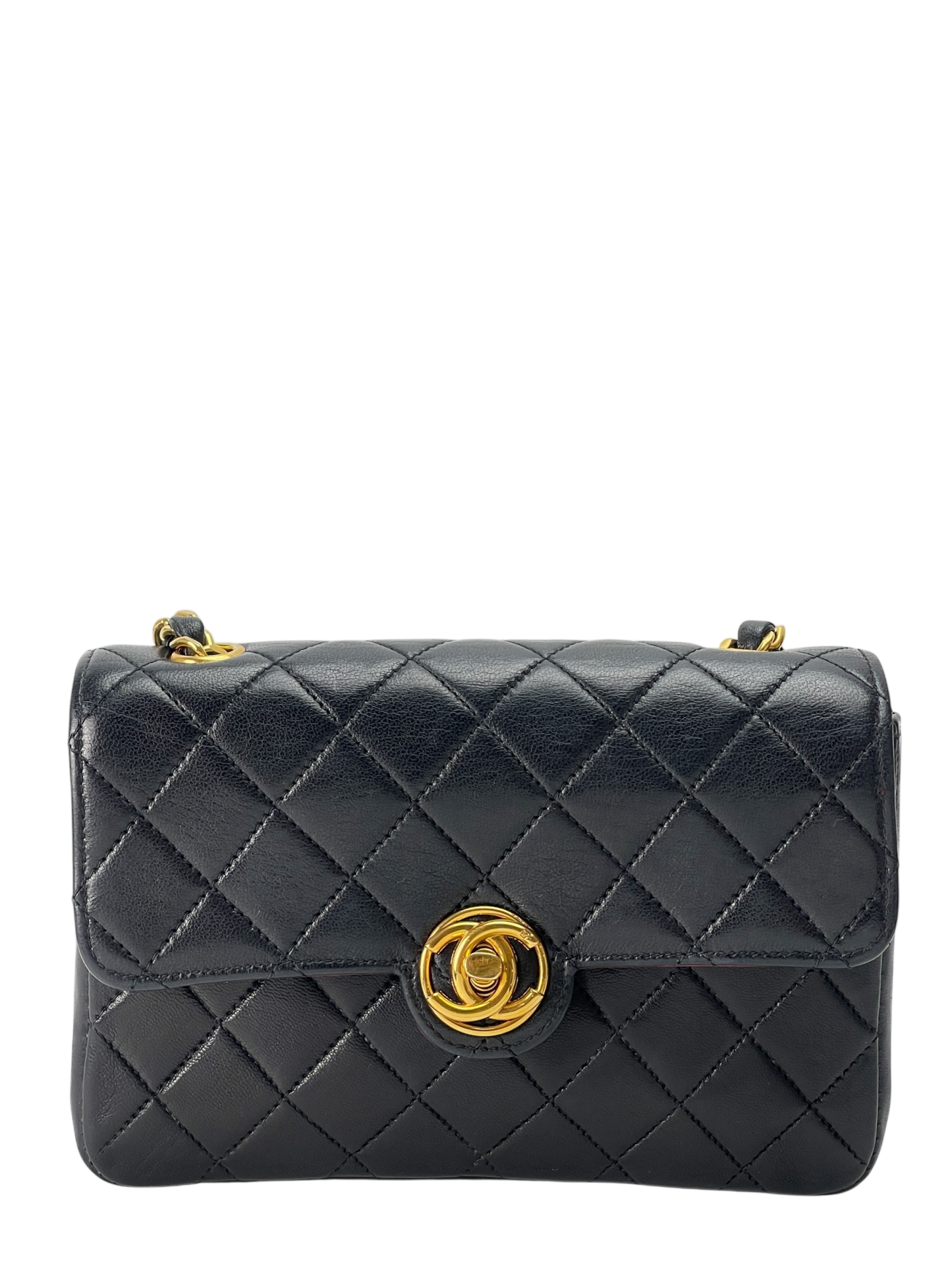 CHANEL - Black Lambskin Matelasse Chain Gold Hardware Shoulder Bag