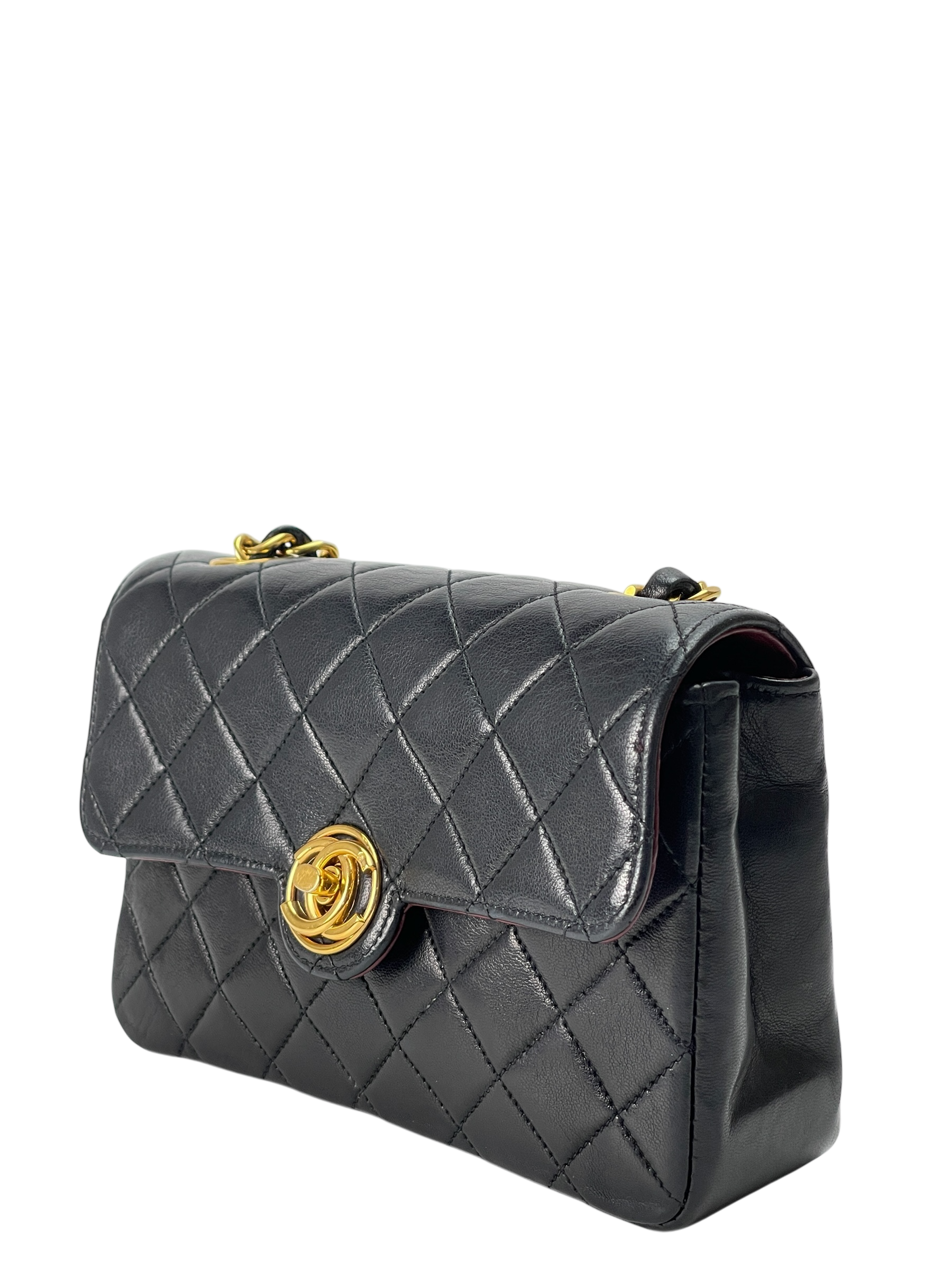 CHANEL - Black Lambskin Matelasse Chain Gold Hardware Shoulder Bag