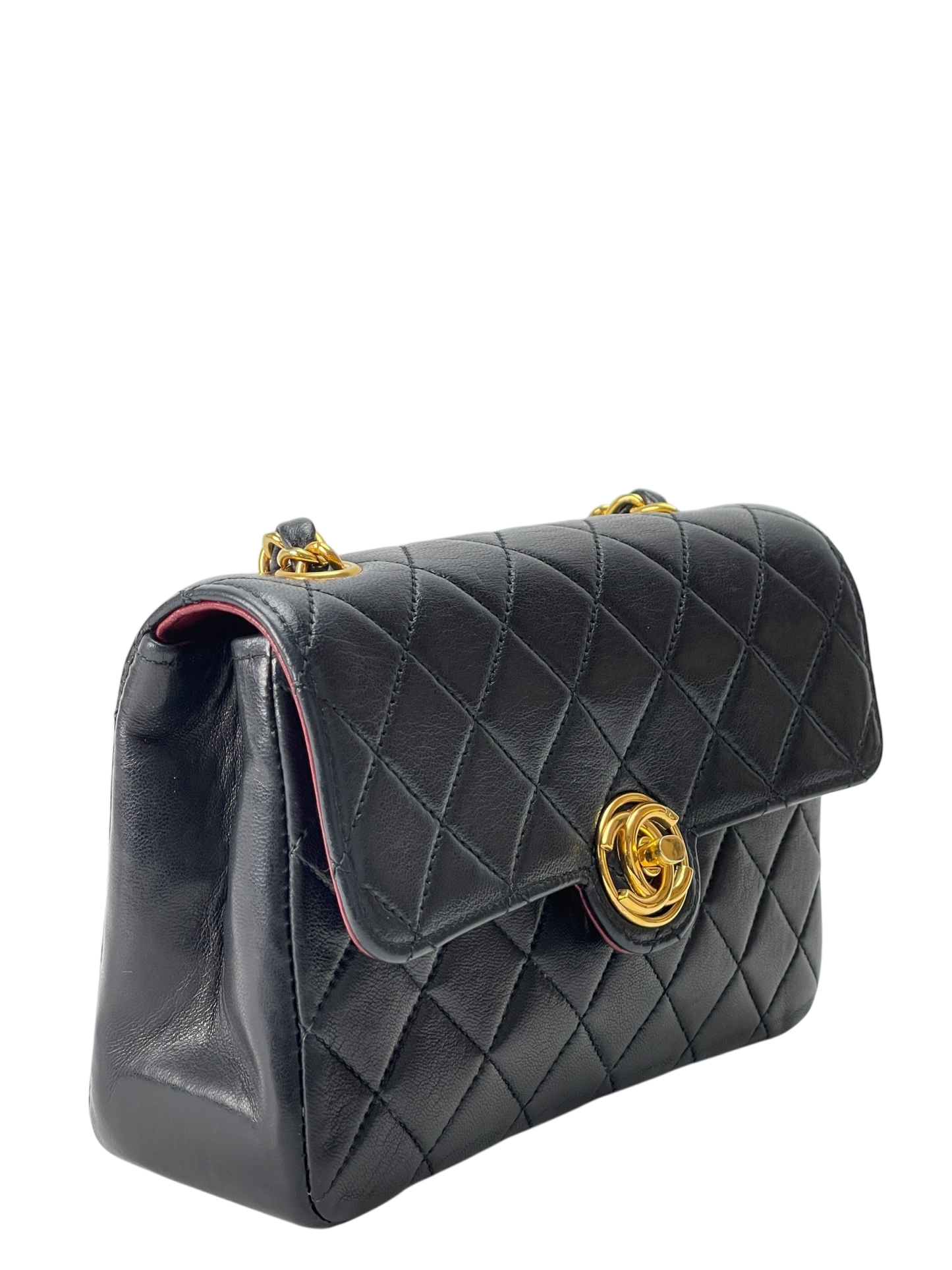 CHANEL - Black Lambskin Matelasse Chain Gold Hardware Shoulder Bag
