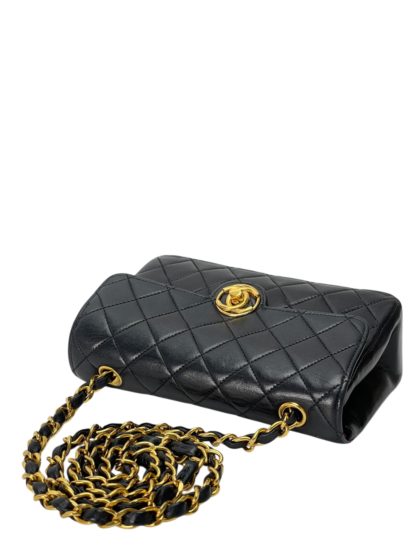 CHANEL - Black Lambskin Matelasse Chain Gold Hardware Shoulder Bag