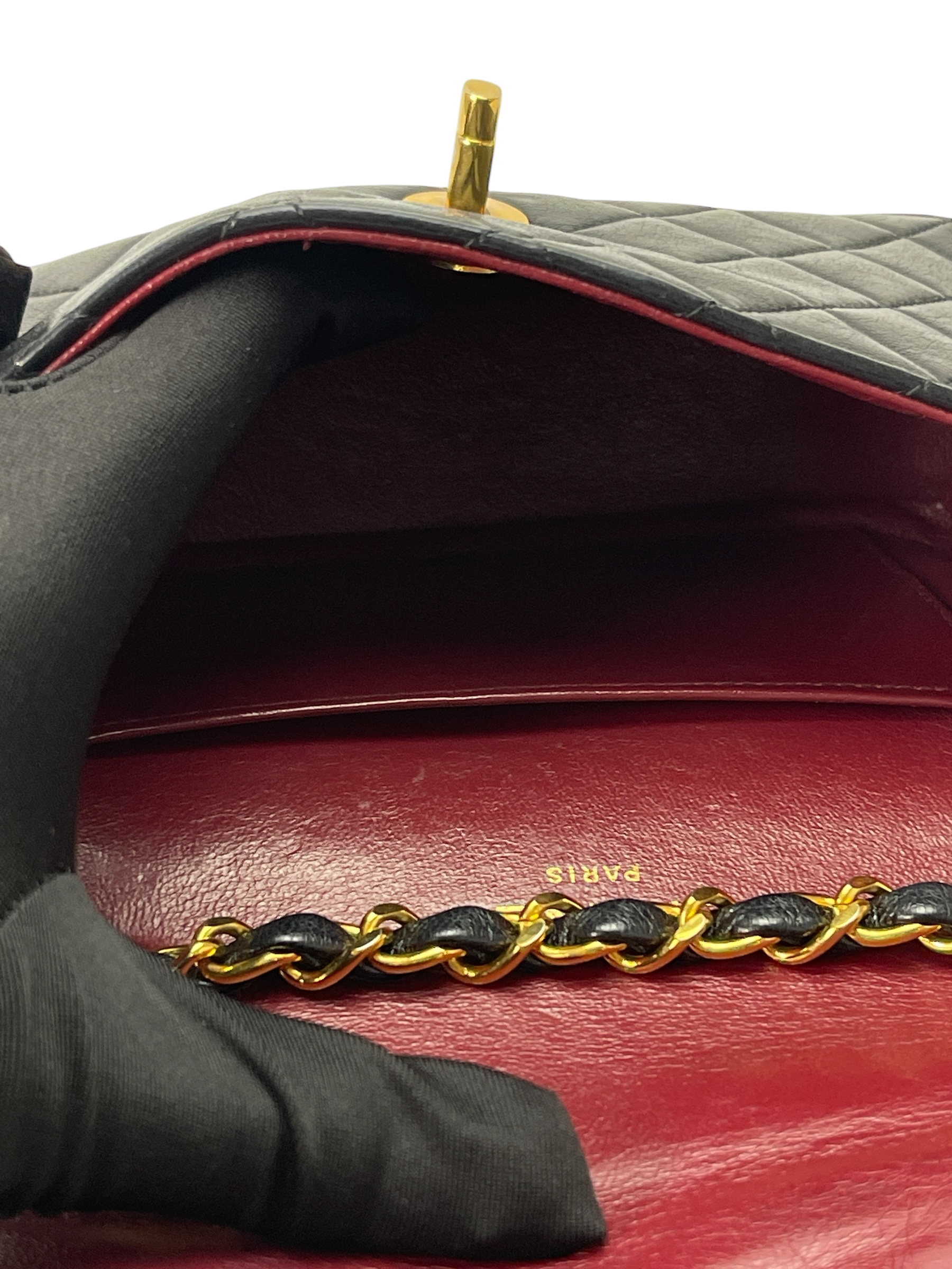 CHANEL - Black Lambskin Matelasse Chain Gold Hardware Shoulder Bag
