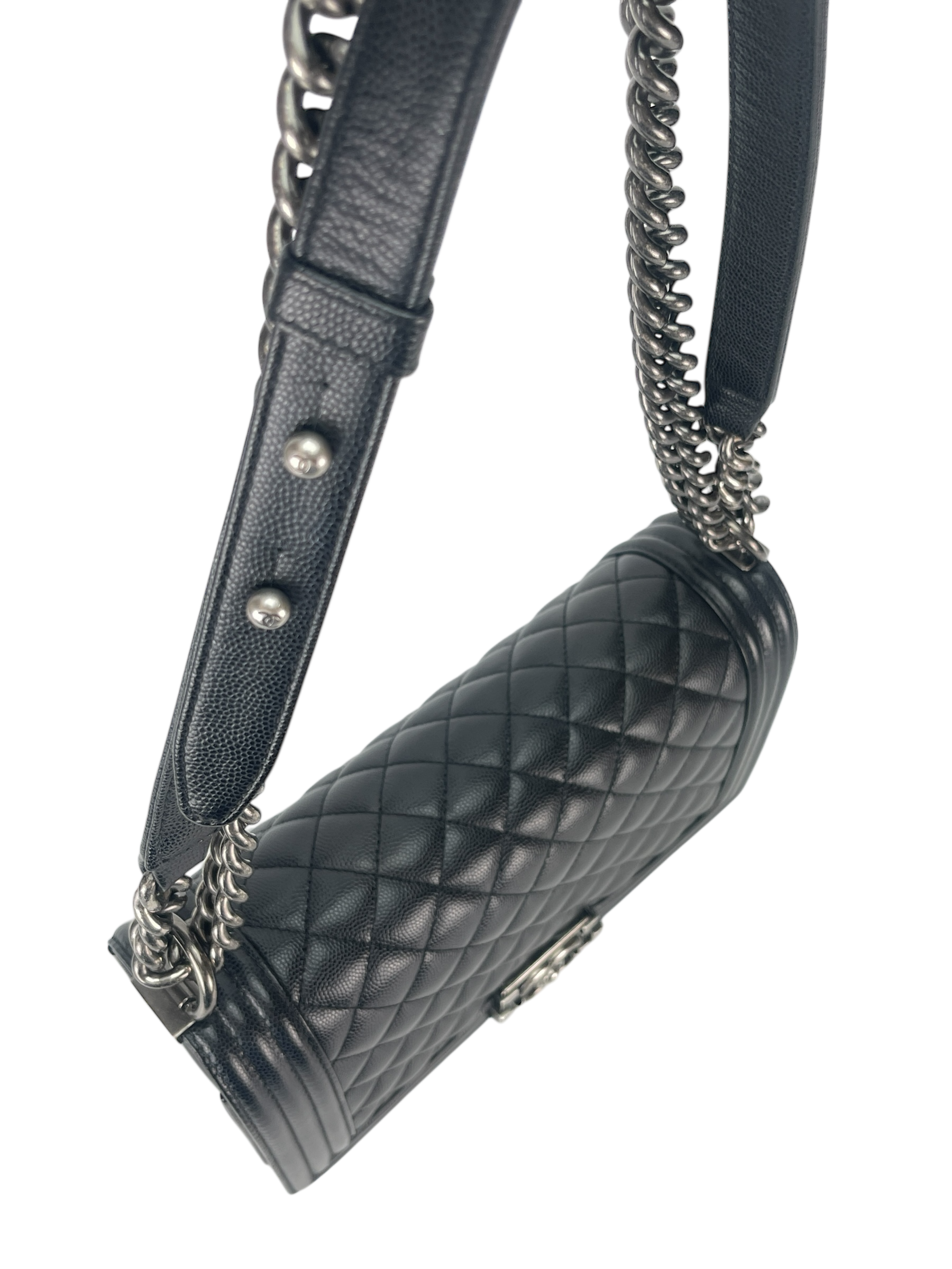 CHANEL - Medium Boy Flap Bag Black Caviar Sliver Hardware