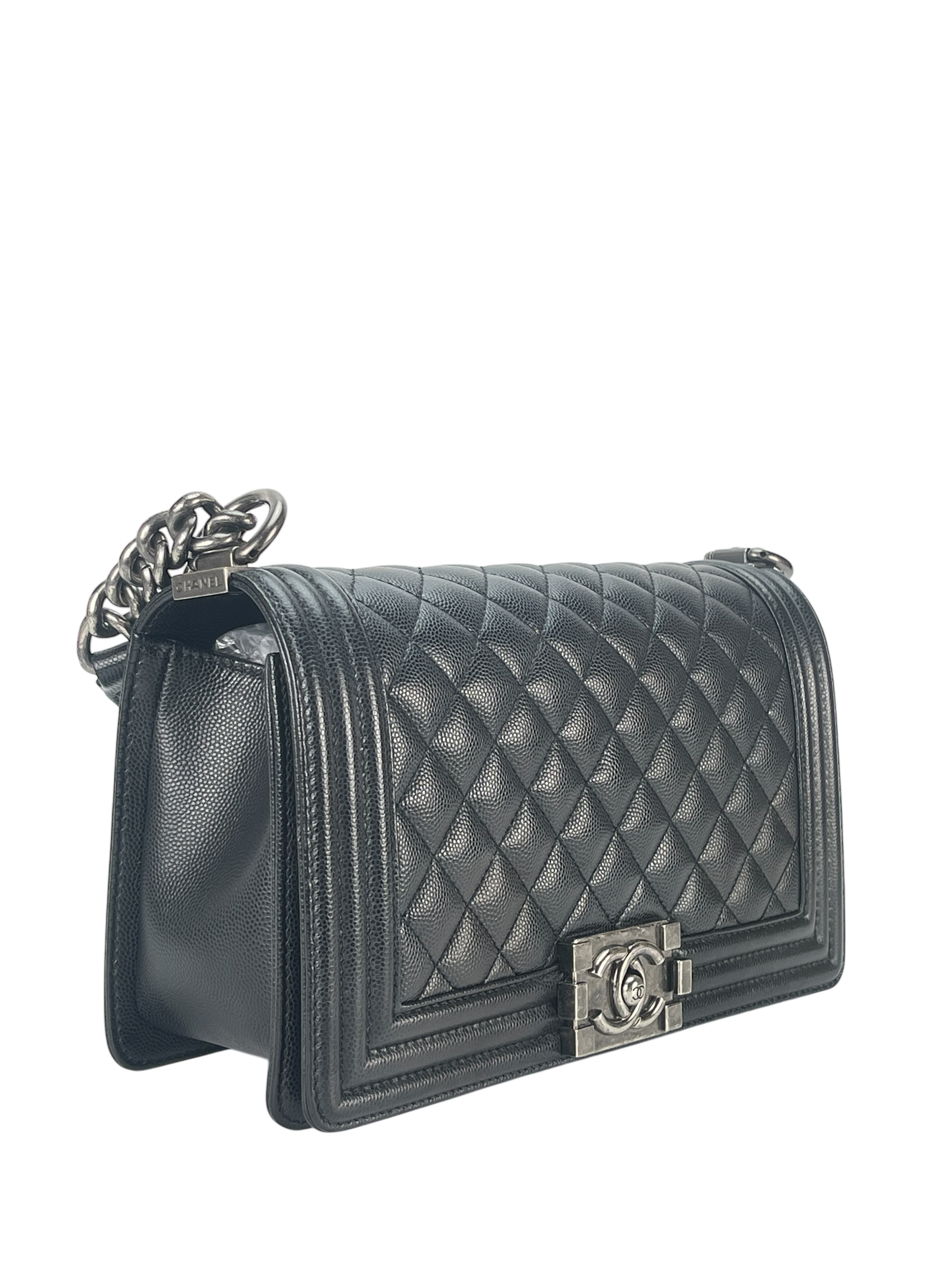 CHANEL - Medium Boy Flap Bag Black Caviar Sliver Hardware