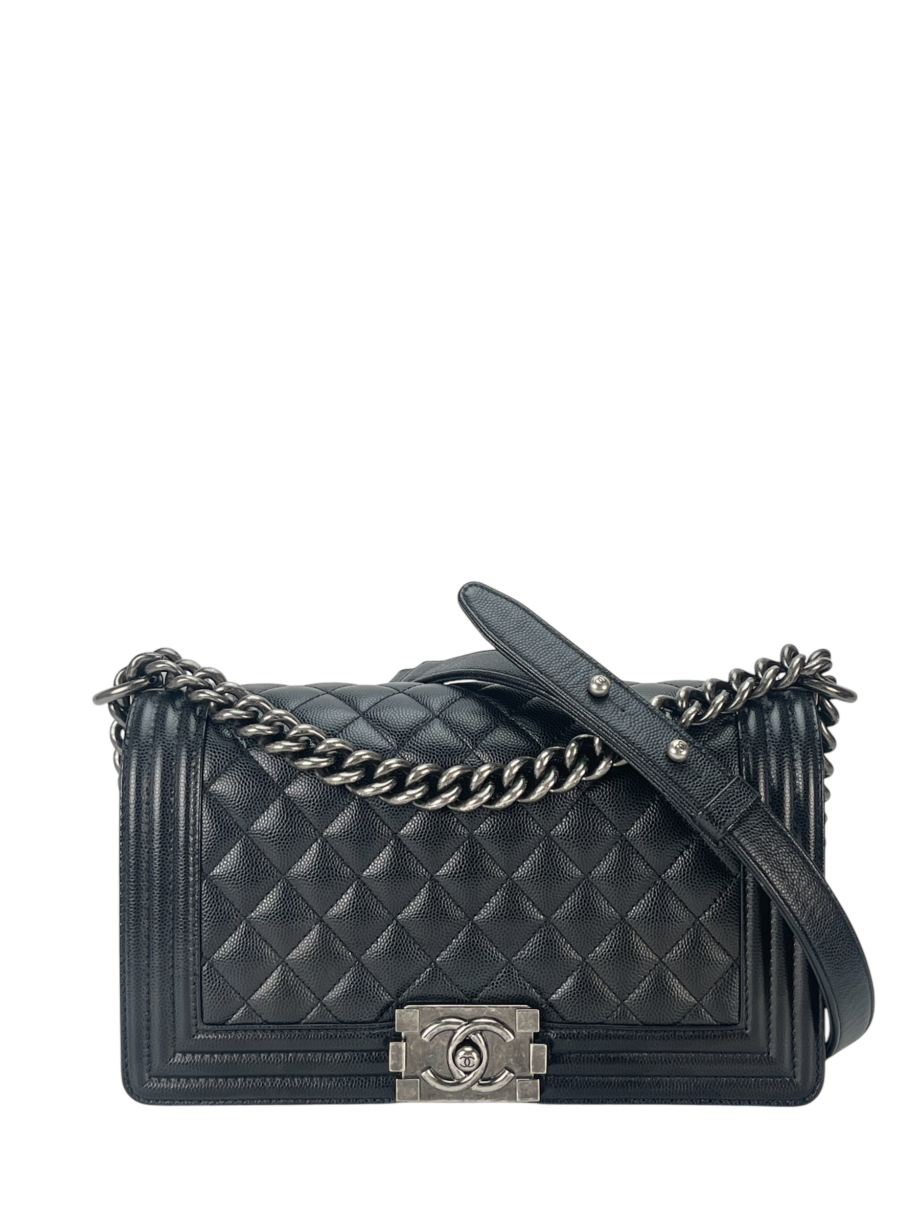 CHANEL - Medium Boy Flap Bag Black Caviar Sliver Hardware