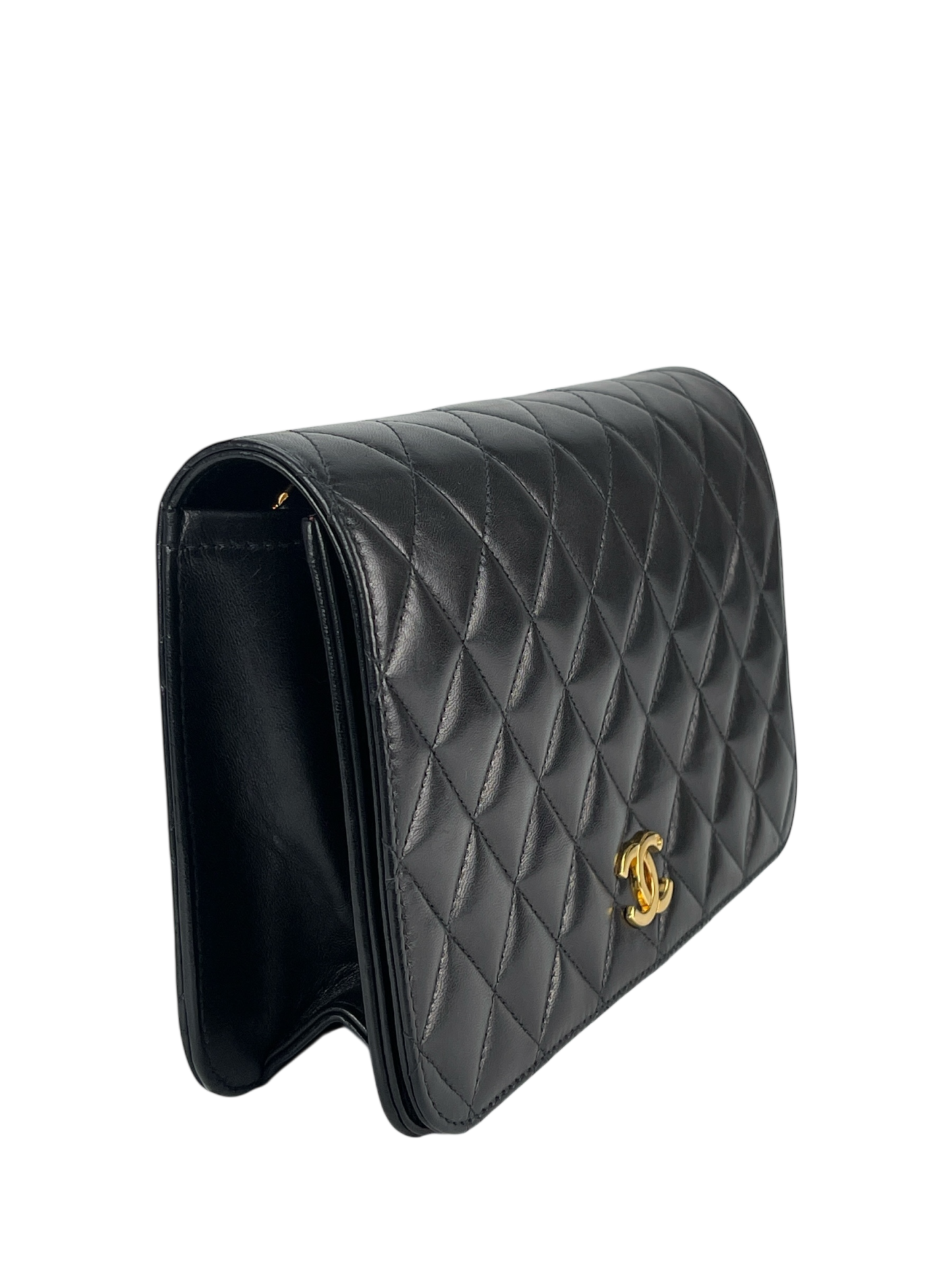 CHANEL - Black Lambskin Turn Lock Full flap Chain Shoulder Bag
