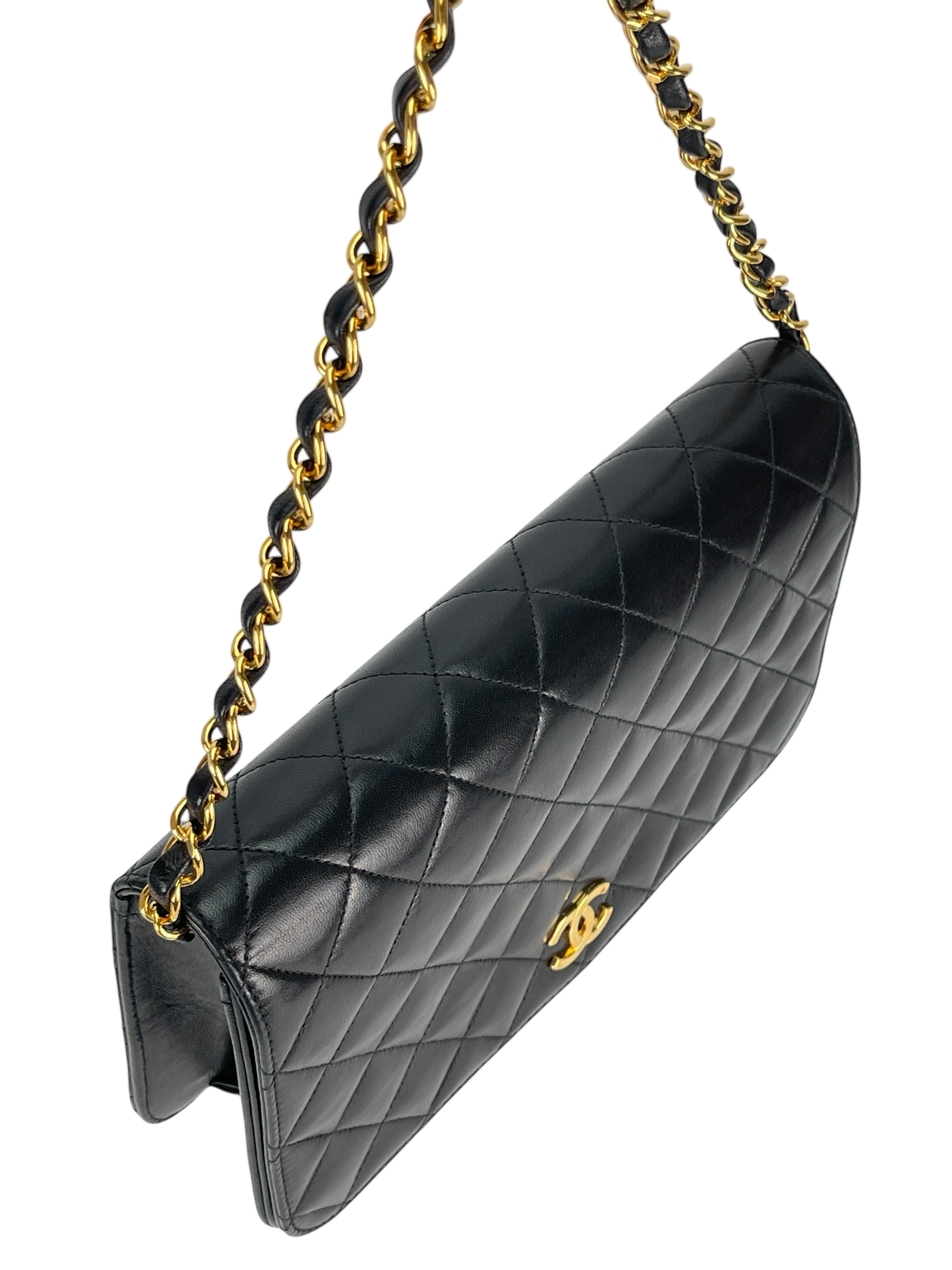 CHANEL - Black Lambskin Turn Lock Full flap Chain Shoulder Bag