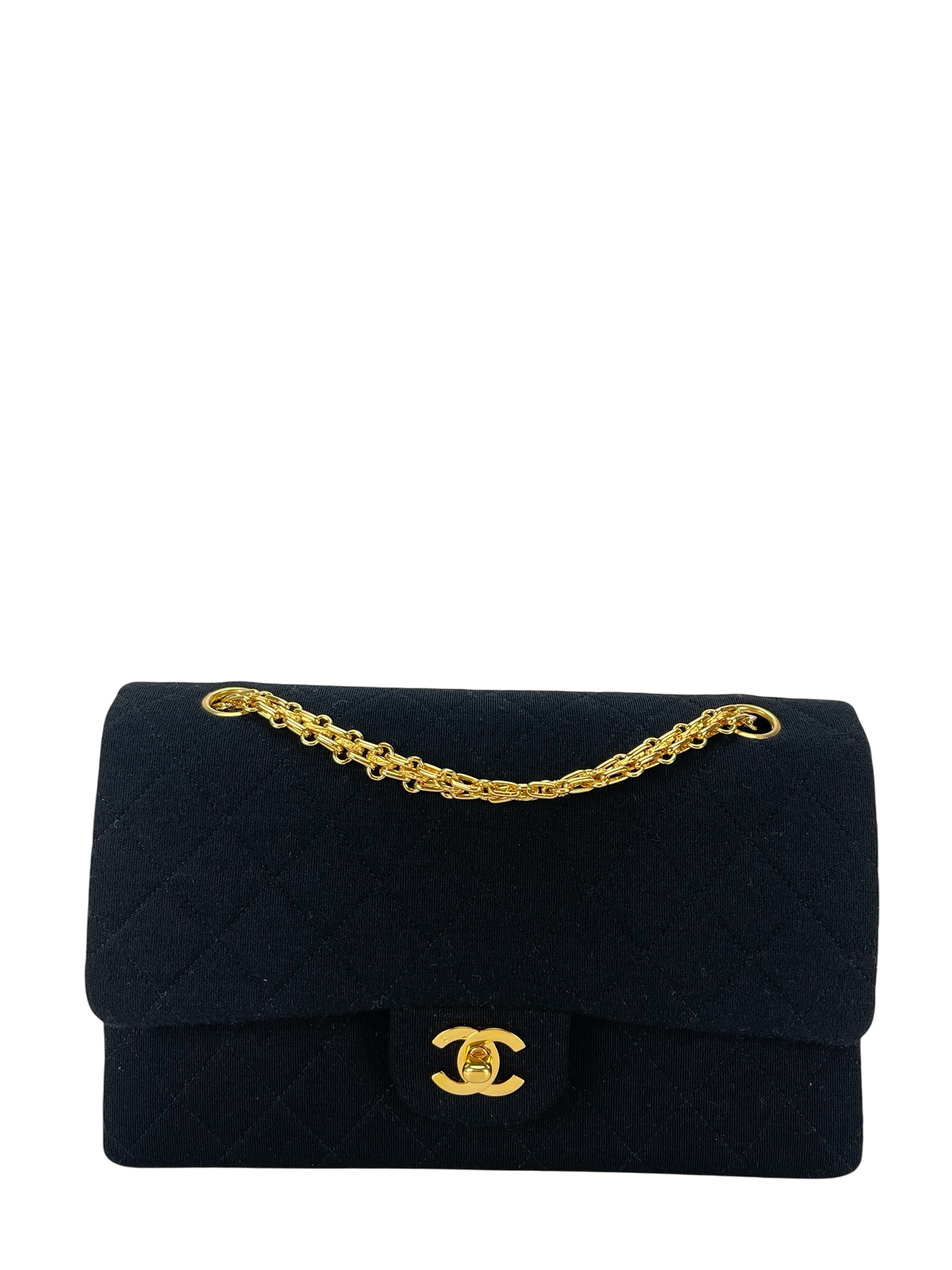 CHANEL - Medium Classic Double Flap Bag Black Cotton Gold Hardware (CF25)