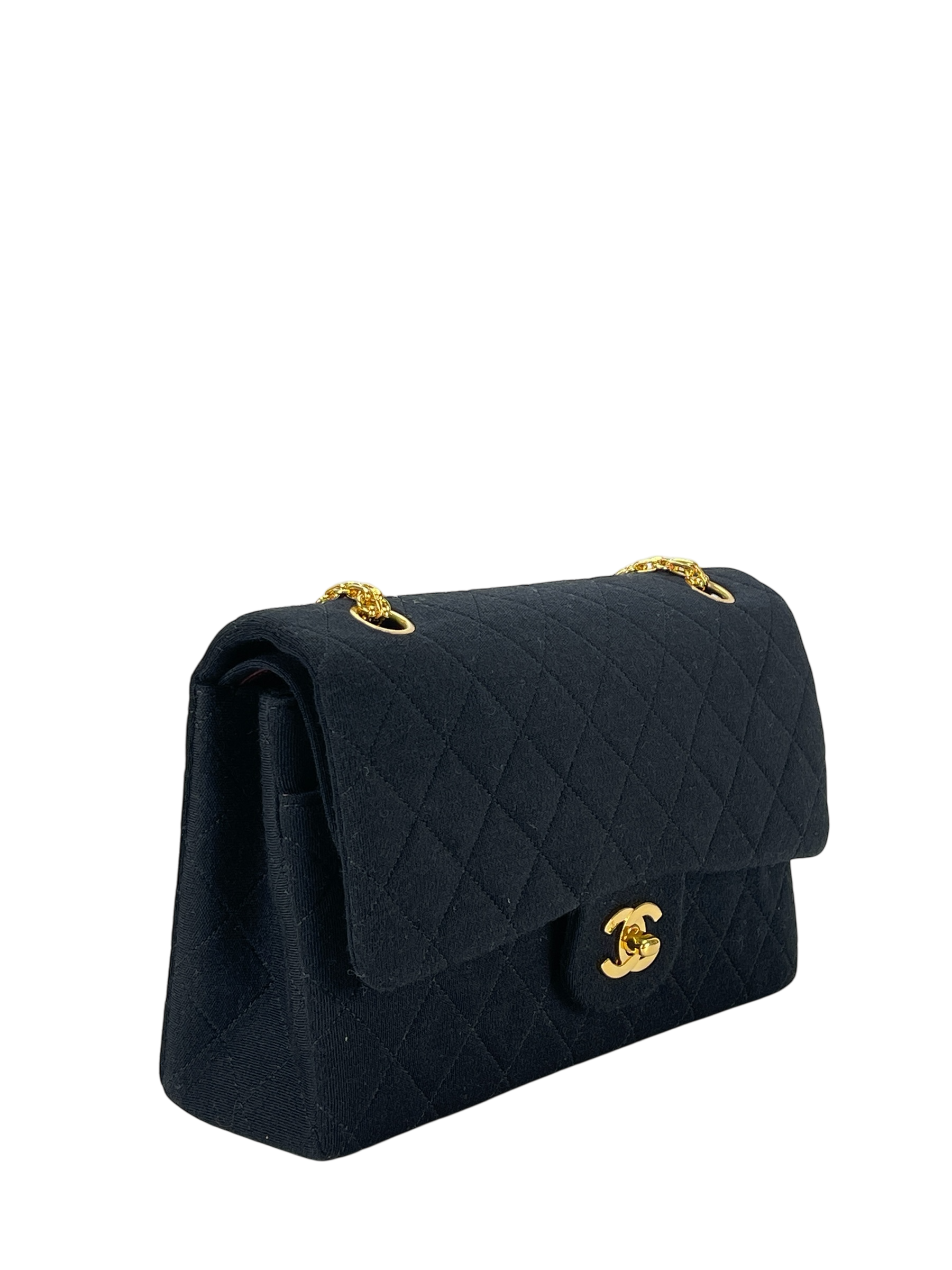 CHANEL - Medium Classic Double Flap Bag Black Cotton Gold Hardware (CF25)