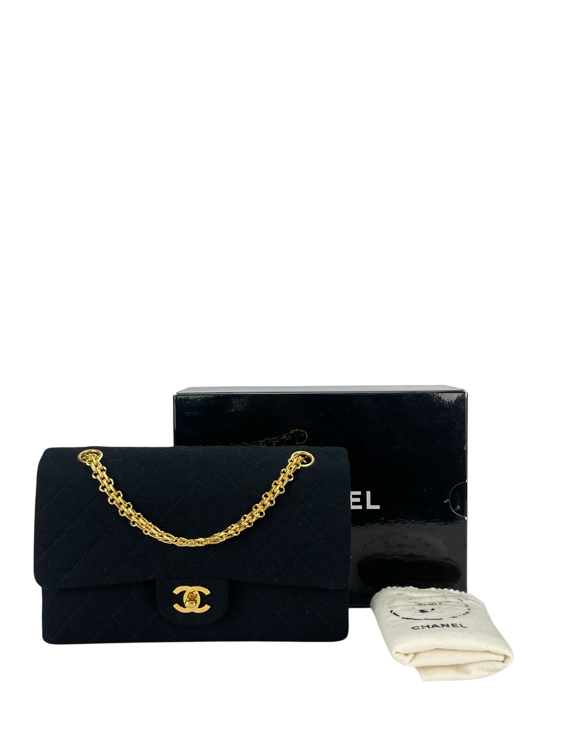 CHANEL - Medium Classic Double Flap Bag Black Cotton Gold Hardware (CF25)