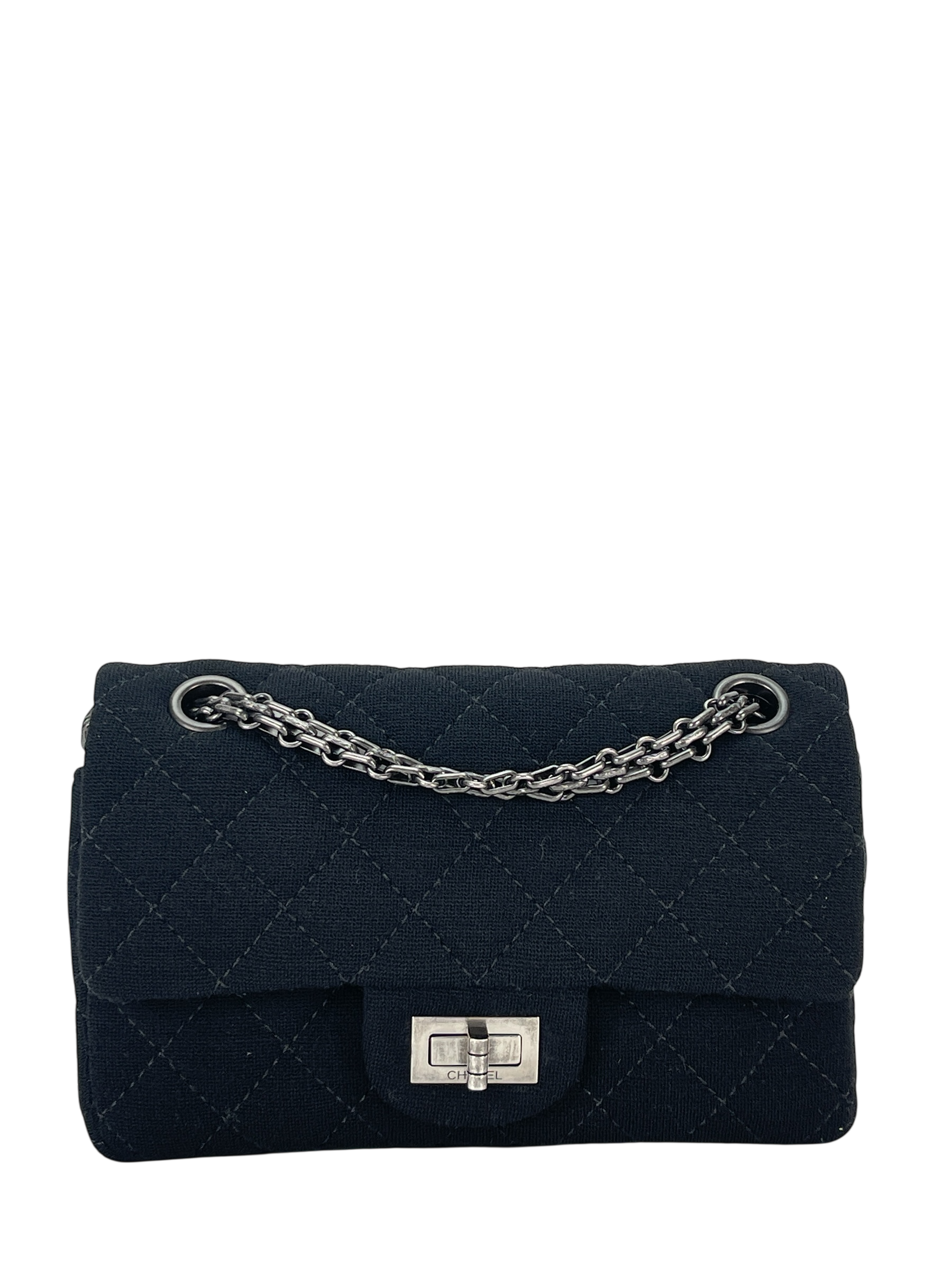 CHANEL - Mini Black Cotton 2.55 Matelasse Double Flap Chain Bag Silver Hardware