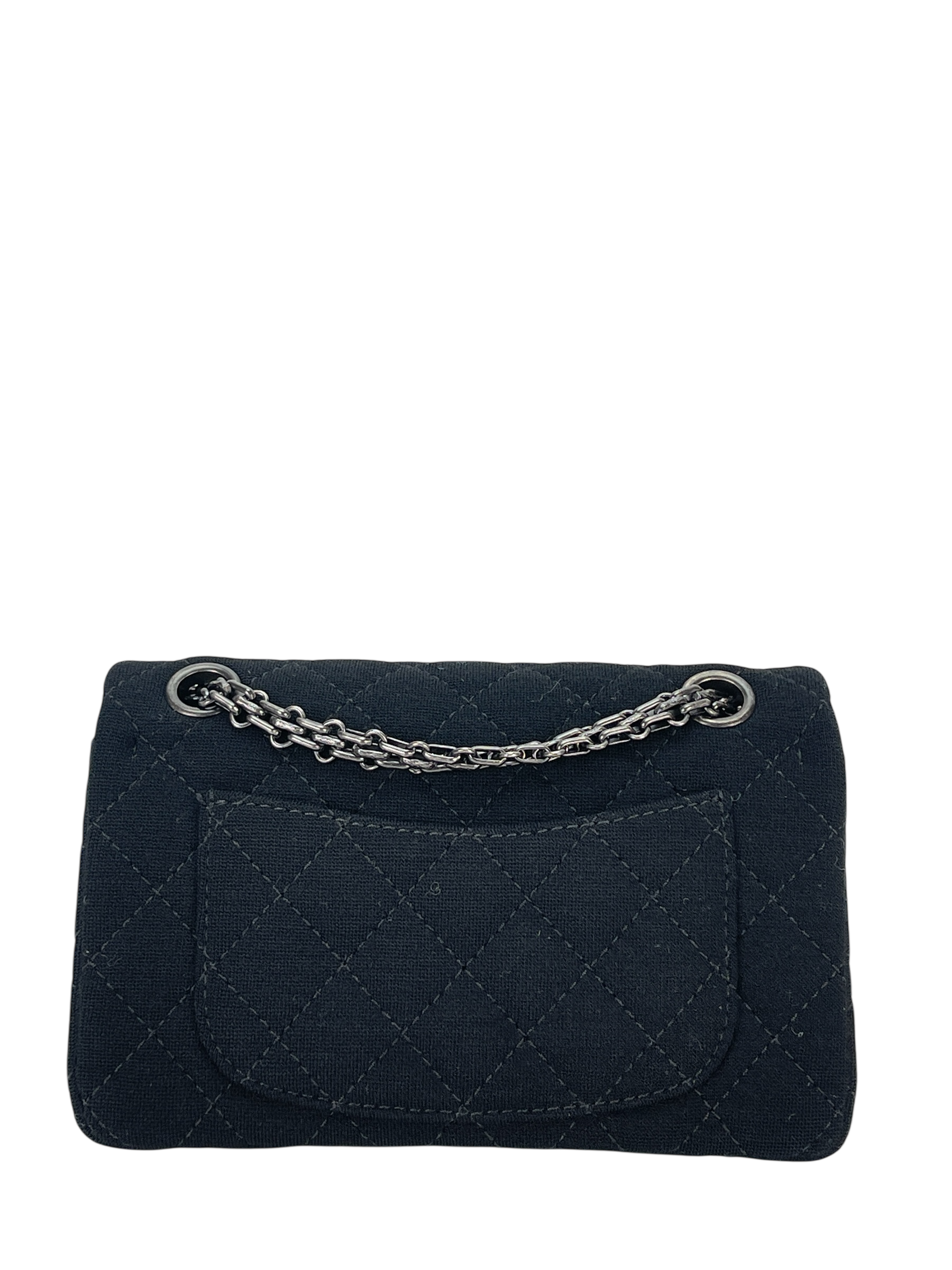 CHANEL - Mini Black Cotton 2.55 Matelasse Double Flap Chain Bag Silver Hardware
