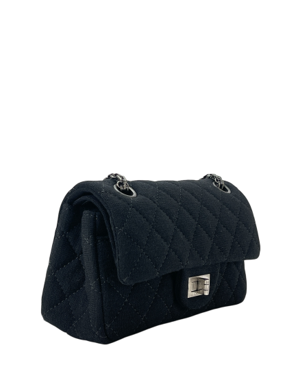CHANEL - Mini Black Cotton 2.55 Matelasse Double Flap Chain Bag Silver Hardware