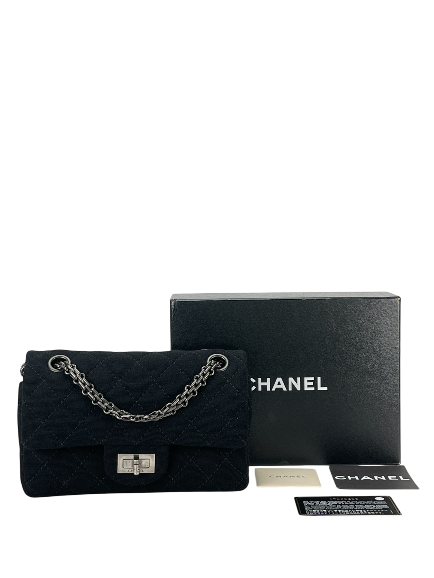 CHANEL - Mini Black Cotton 2.55 Matelasse Double Flap Chain Bag Silver Hardware