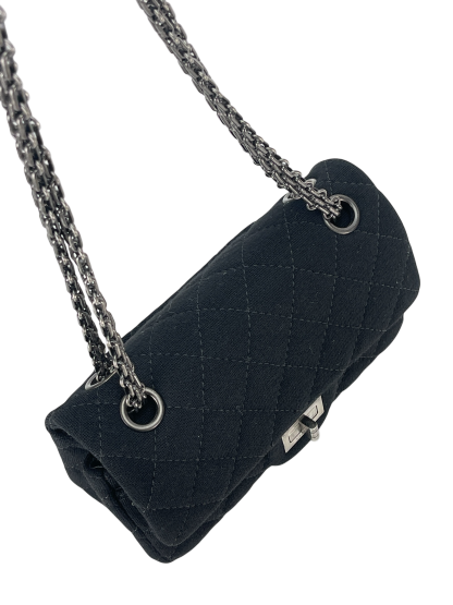 CHANEL - Mini Black Cotton 2.55 Matelasse Double Flap Chain Bag Silver Hardware