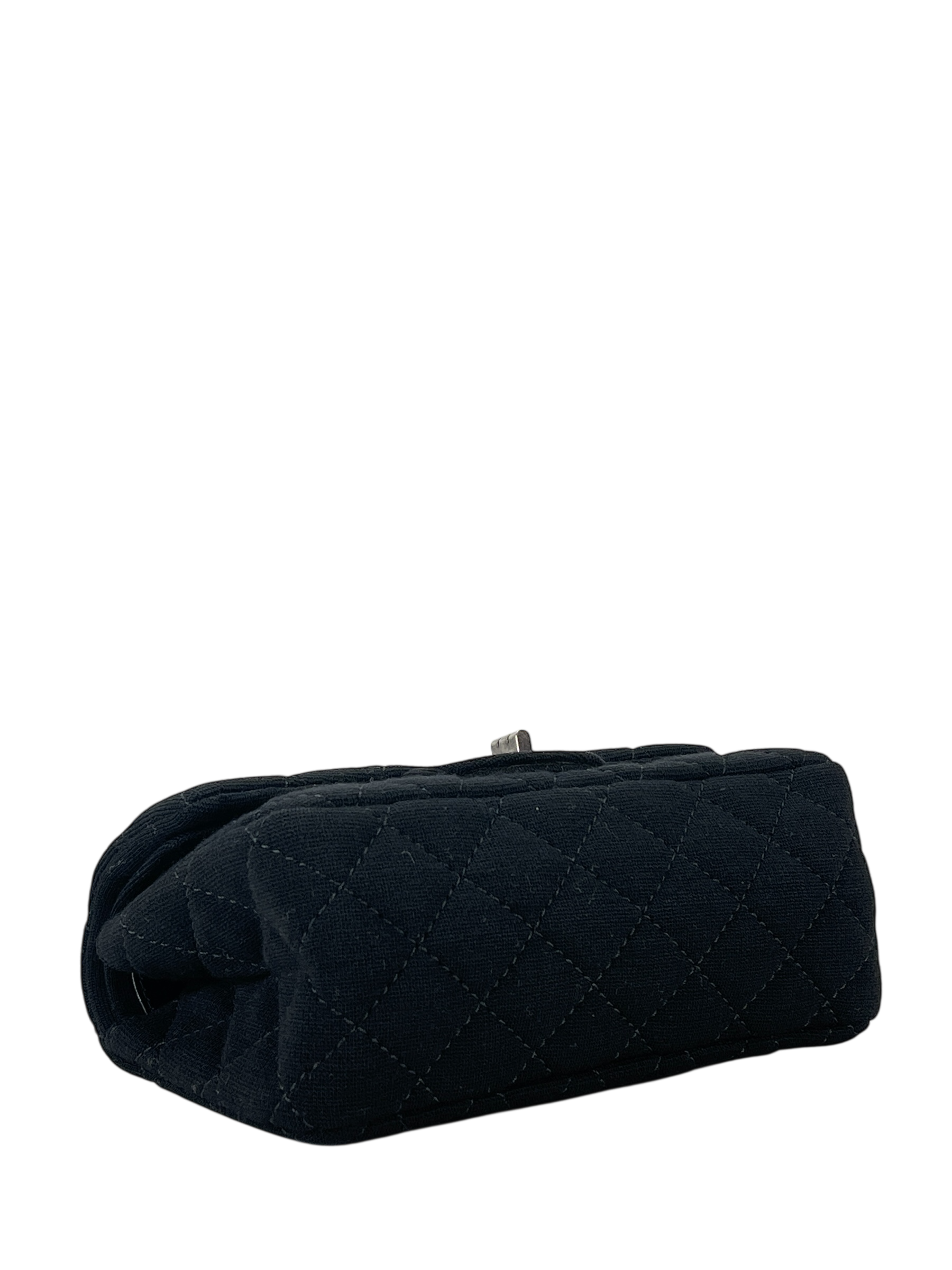 CHANEL - Mini Black Cotton 2.55 Matelasse Double Flap Chain Bag Silver Hardware