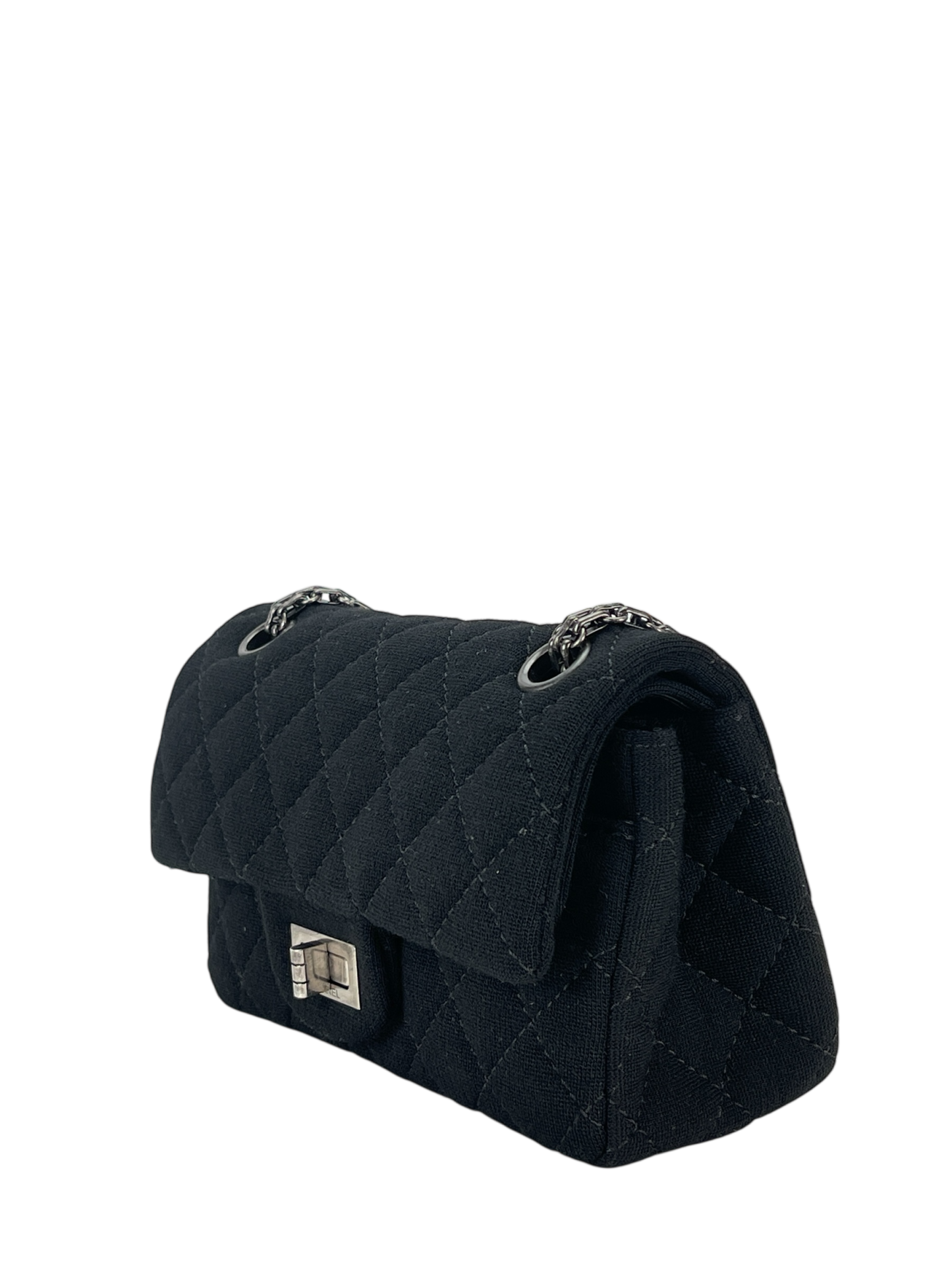 CHANEL - Mini Black Cotton 2.55 Matelasse Double Flap Chain Bag Silver Hardware